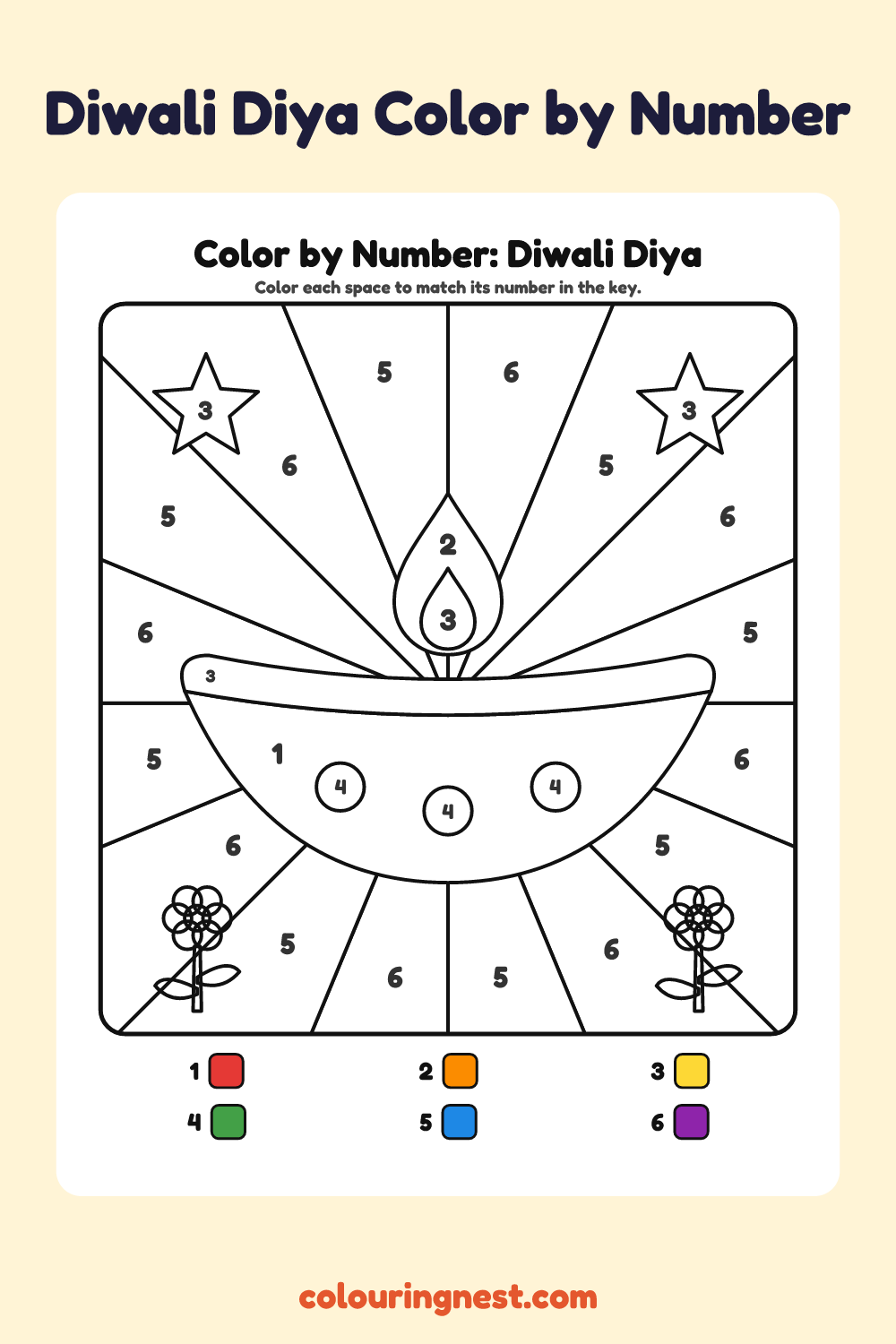 Diwali Diya color by number worksheet with numbered spaces and a color key