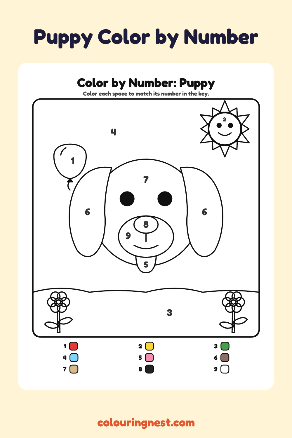 Puppy color by number worksheet with numbered spaces and a color key