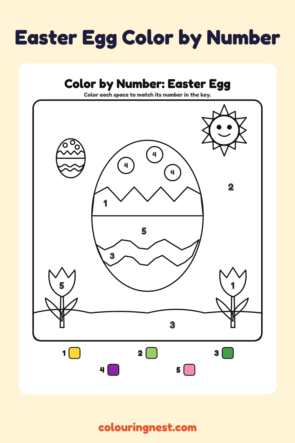 Easter Egg color by number worksheet with numbered spaces and a color key