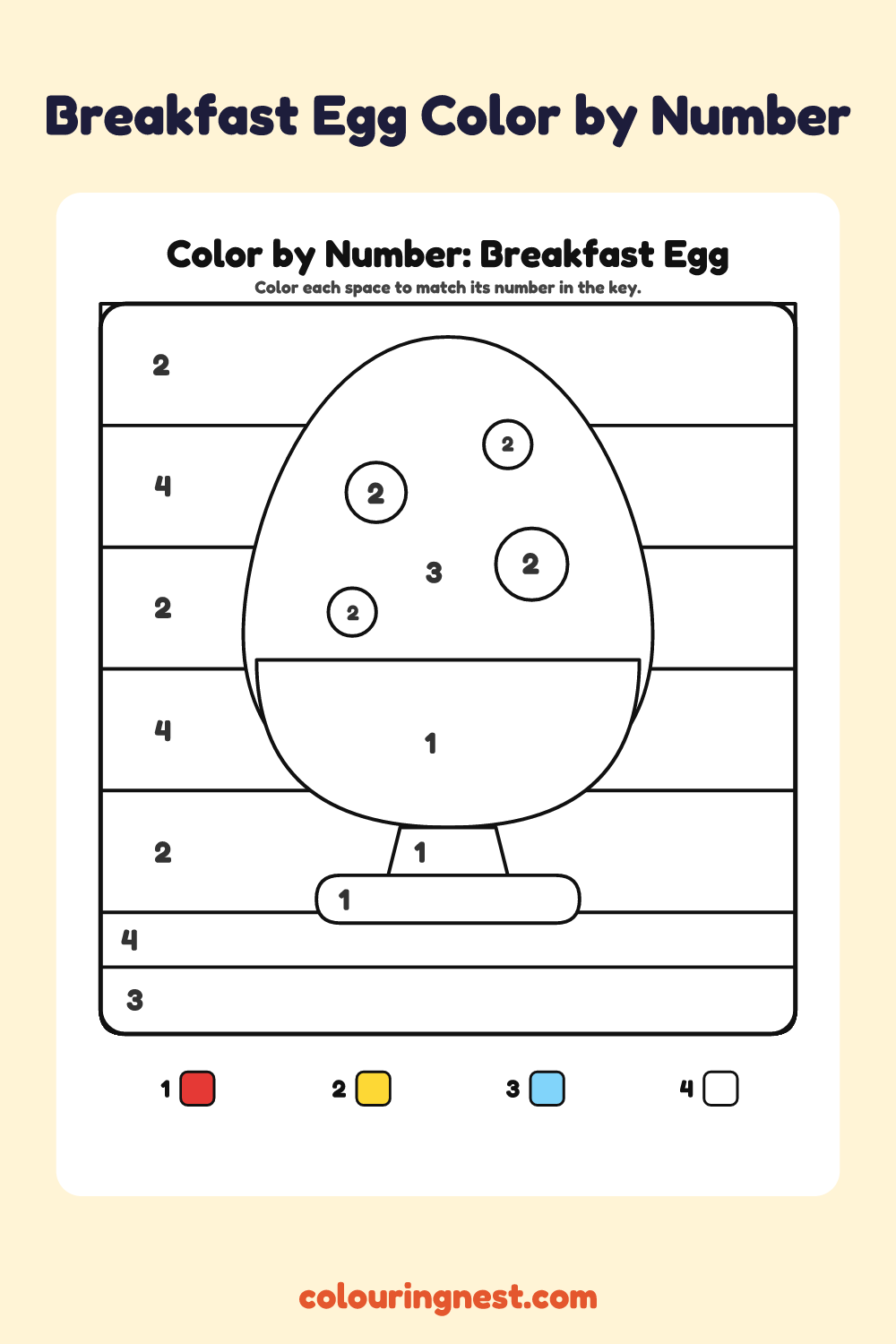 Breakfast Egg color by number worksheet with numbered spaces and a color key