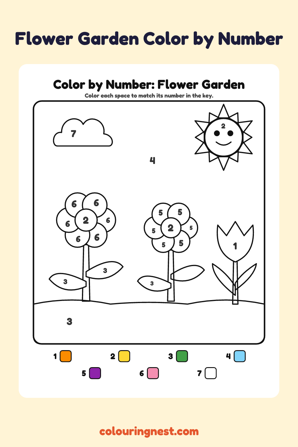 Flower Garden color by number worksheet with numbered spaces and a color key