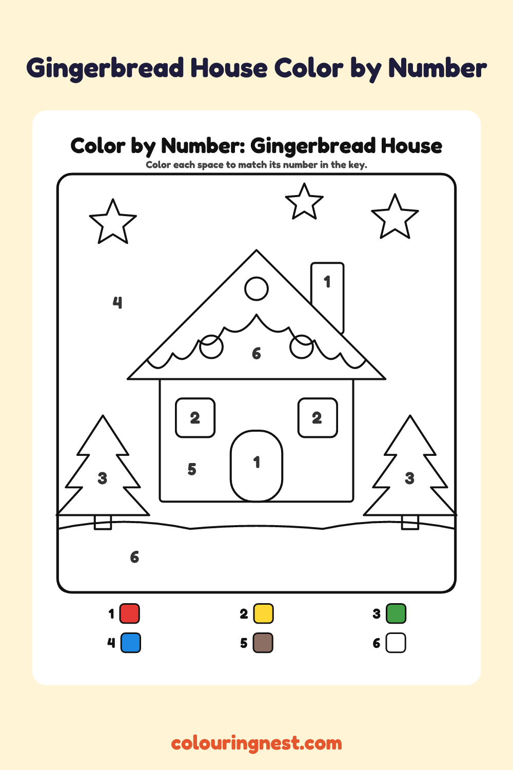 Gingerbread House color by number worksheet with numbered spaces and a color key