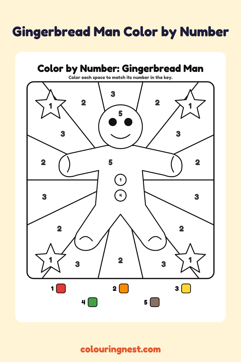 Gingerbread Man color by number worksheet with numbered spaces and a color key