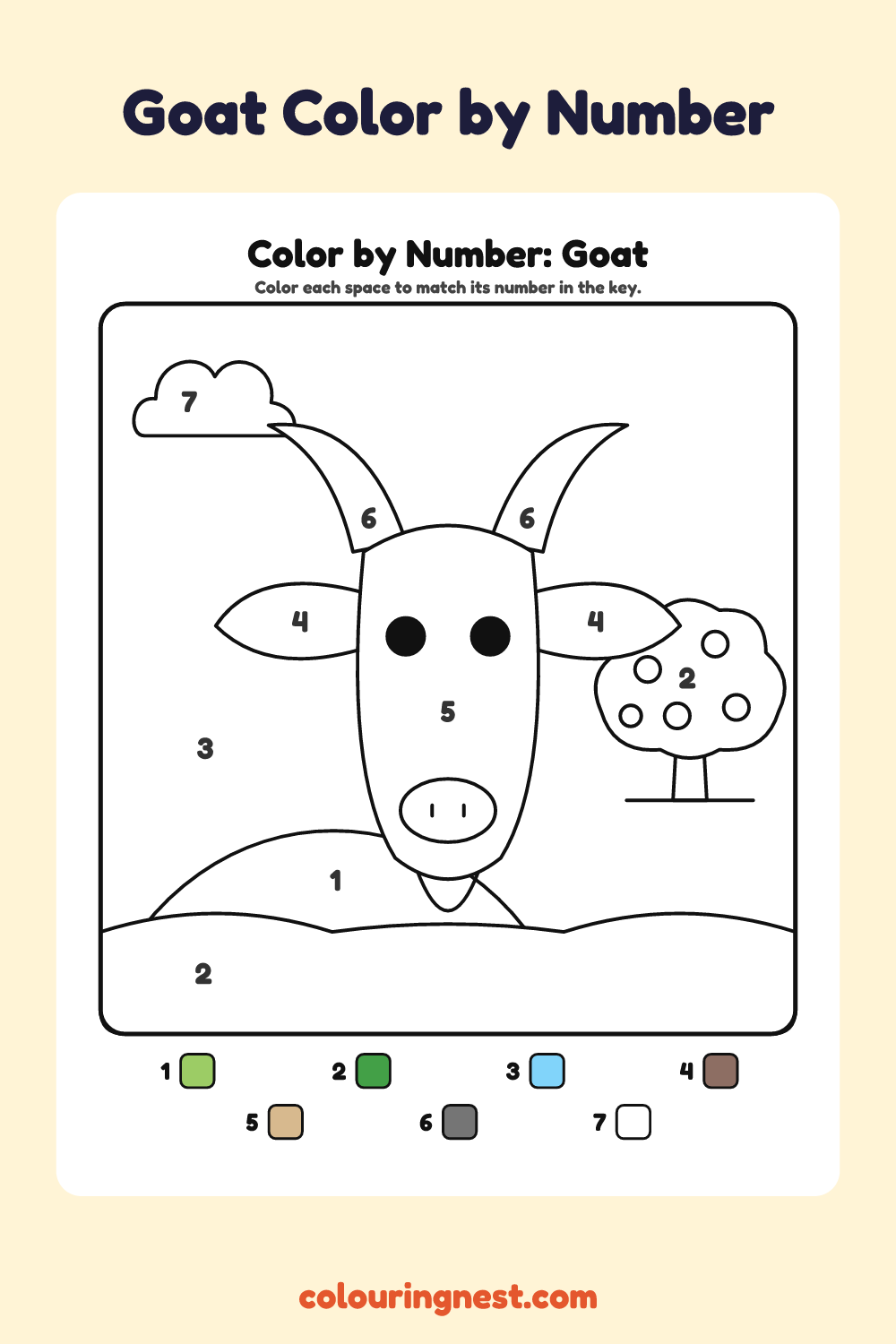 Goat color by number worksheet with numbered spaces and a color key