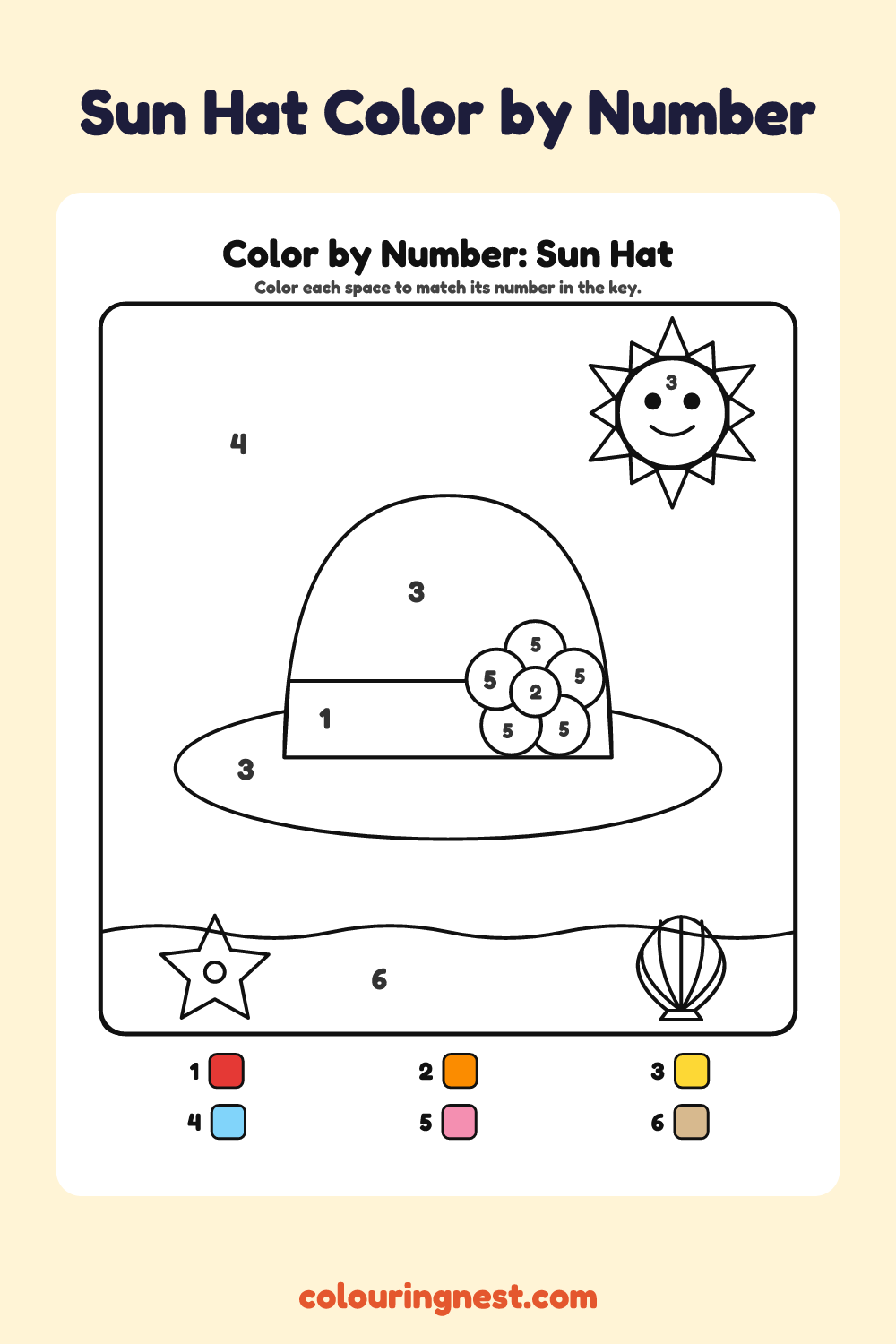 Sun Hat color by number worksheet with numbered spaces and a color key