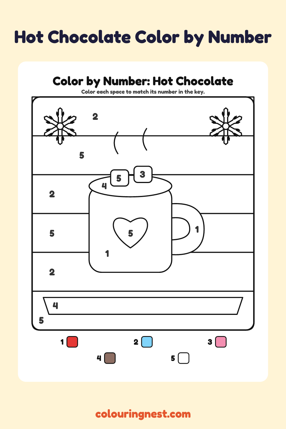 Hot Chocolate color by number worksheet with numbered spaces and a color key