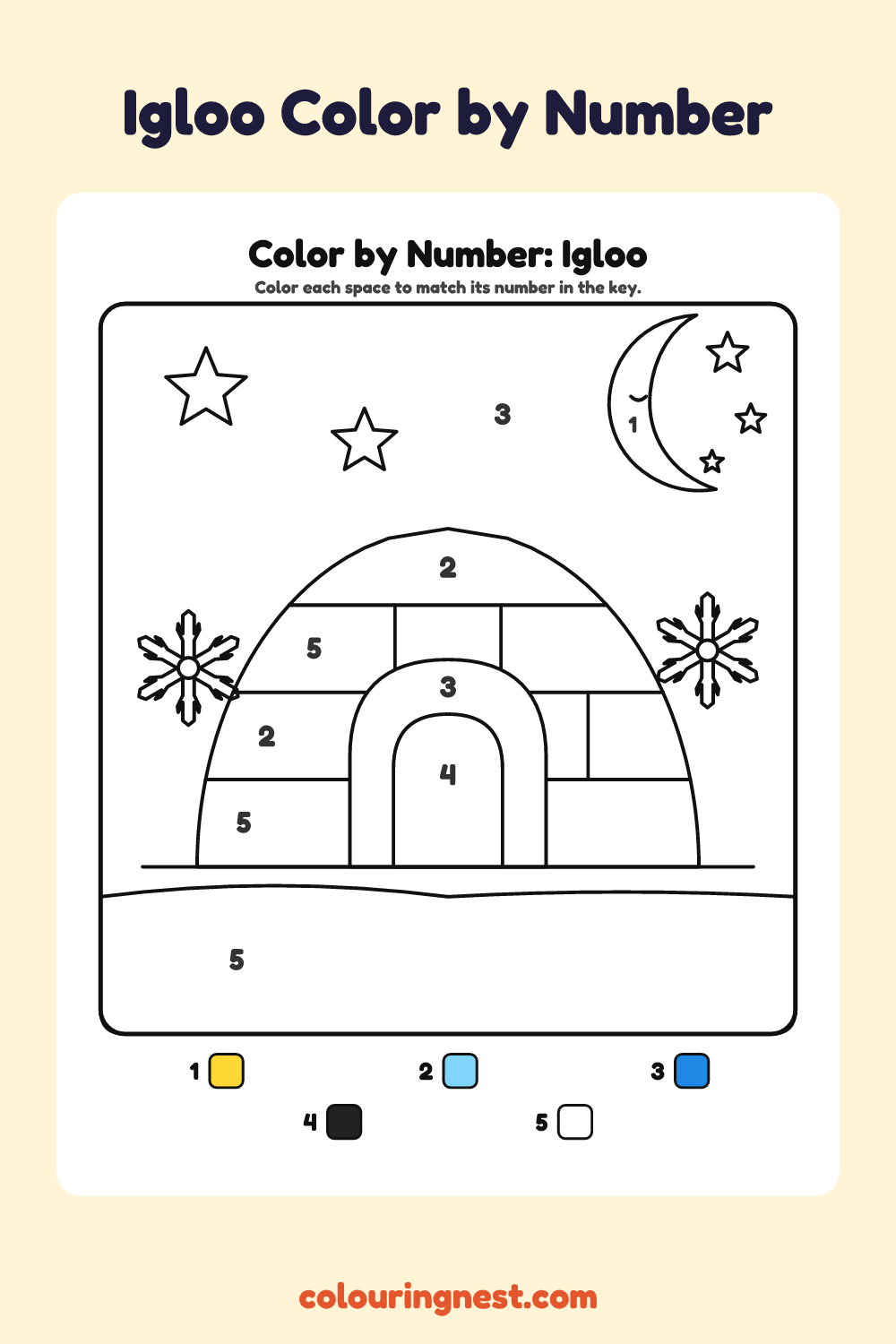 Igloo color by number worksheet with numbered spaces and a color key