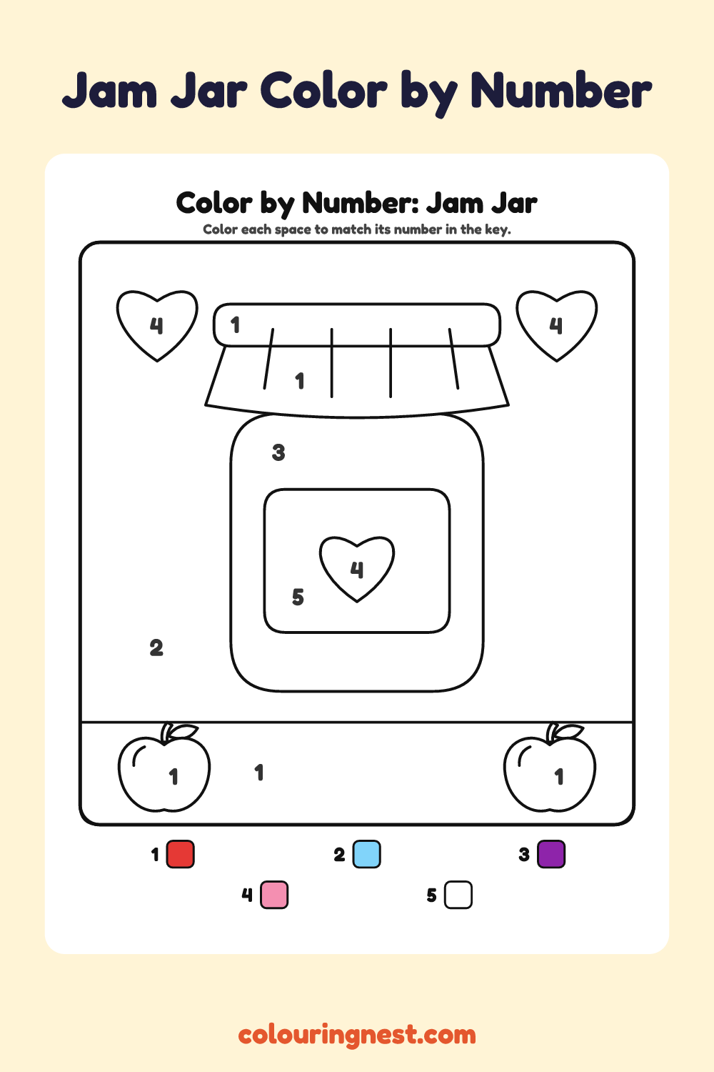 Jam Jar color by number worksheet with numbered spaces and a color key