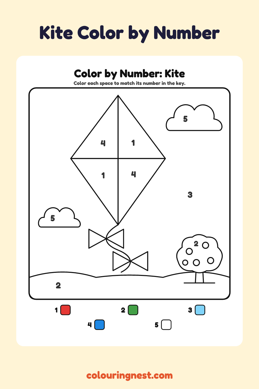 Kite color by number worksheet with numbered spaces and a color key