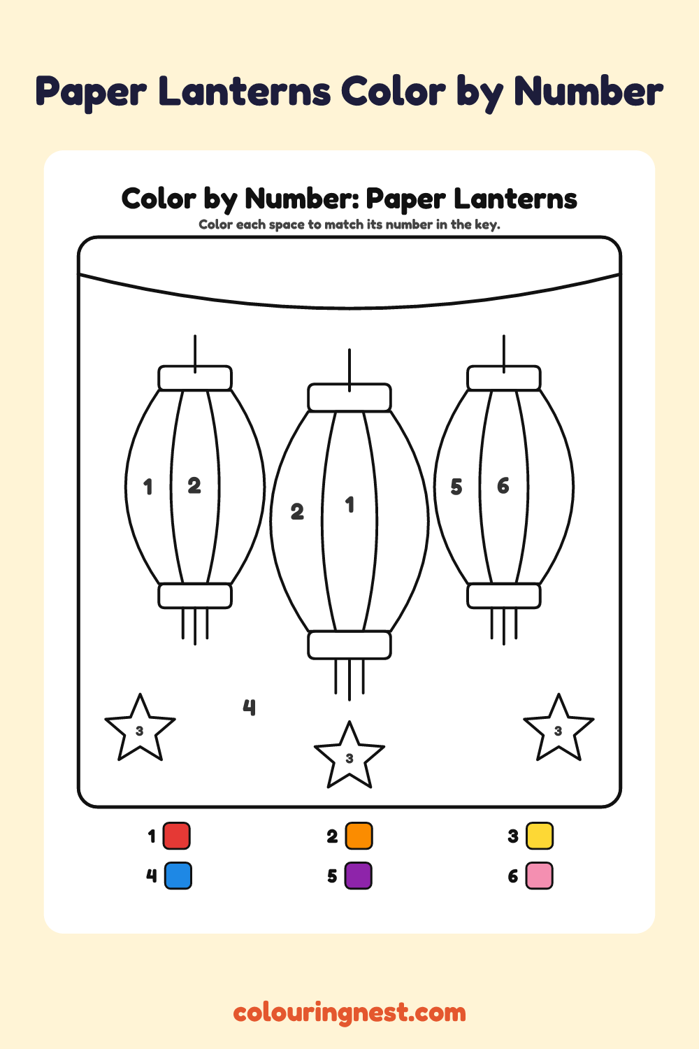 Paper Lanterns color by number worksheet with numbered spaces and a color key