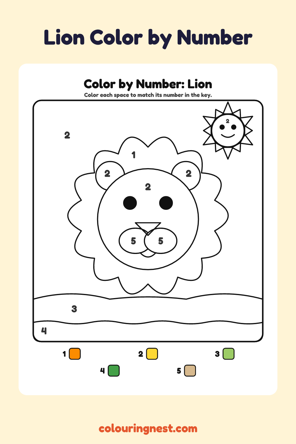 Lion color by number worksheet with numbered spaces and a color key