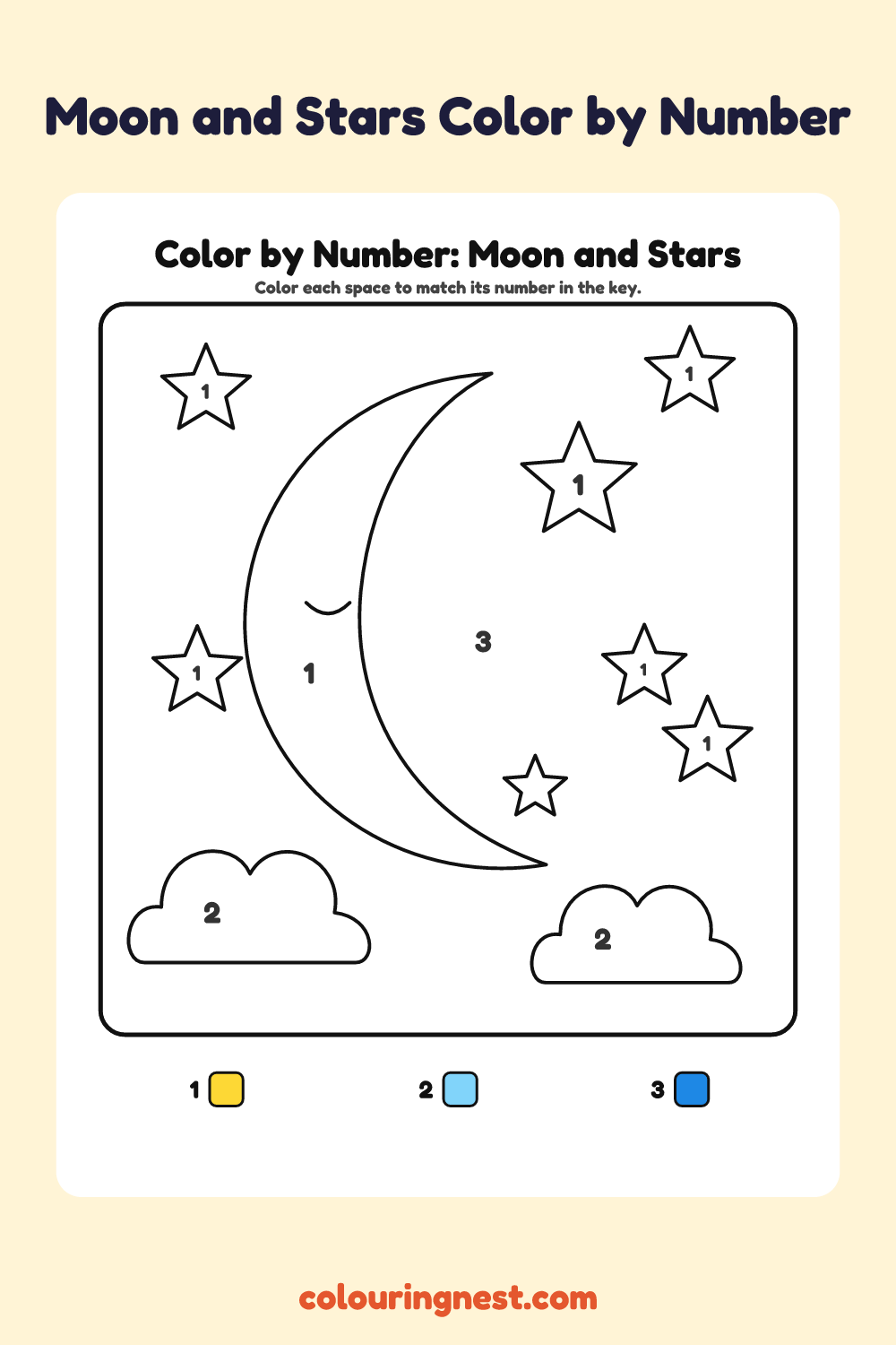 Moon and Stars color by number worksheet with numbered spaces and a color key