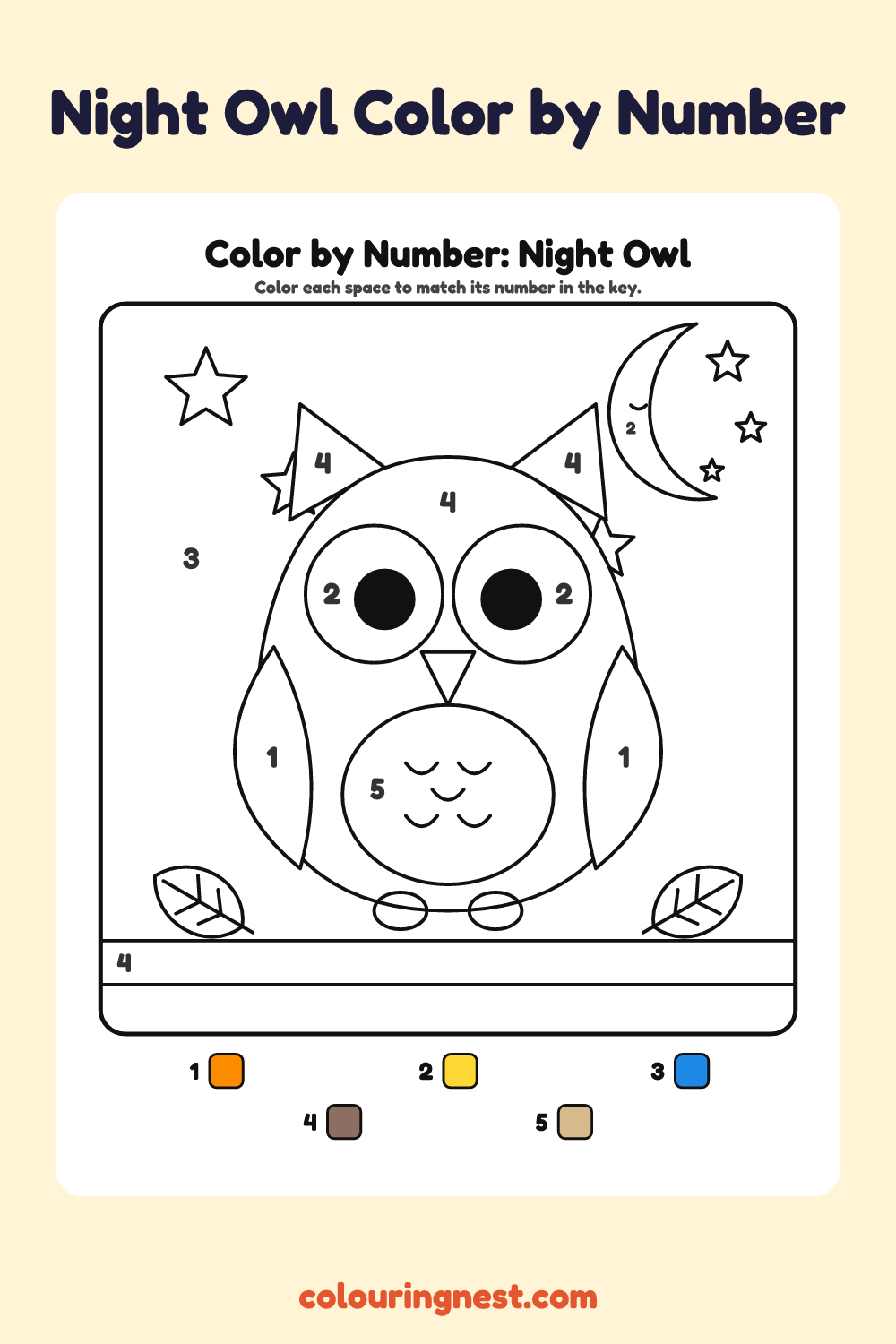 Night Owl color by number worksheet with numbered spaces and a color key