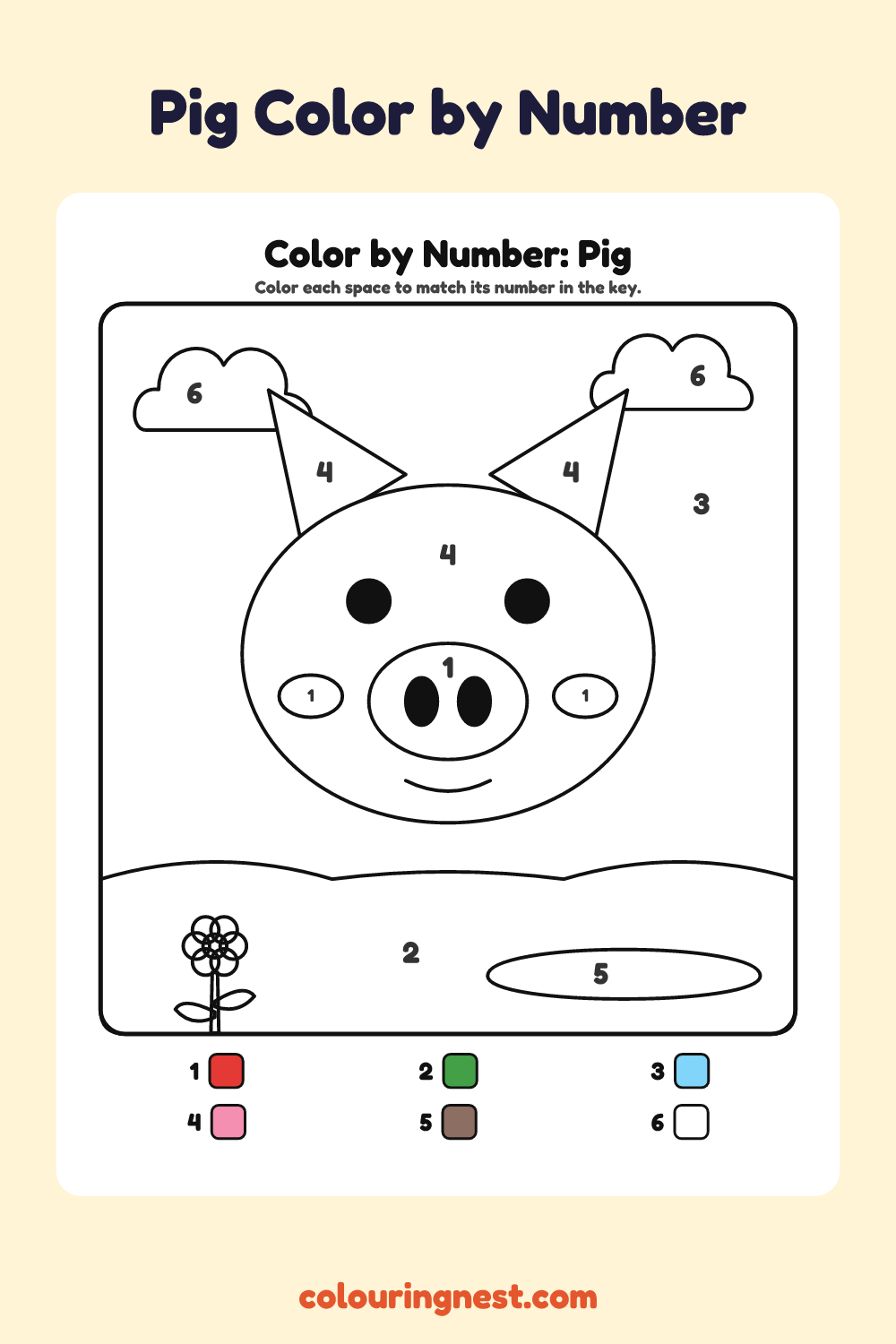 Pig color by number worksheet with numbered spaces and a color key