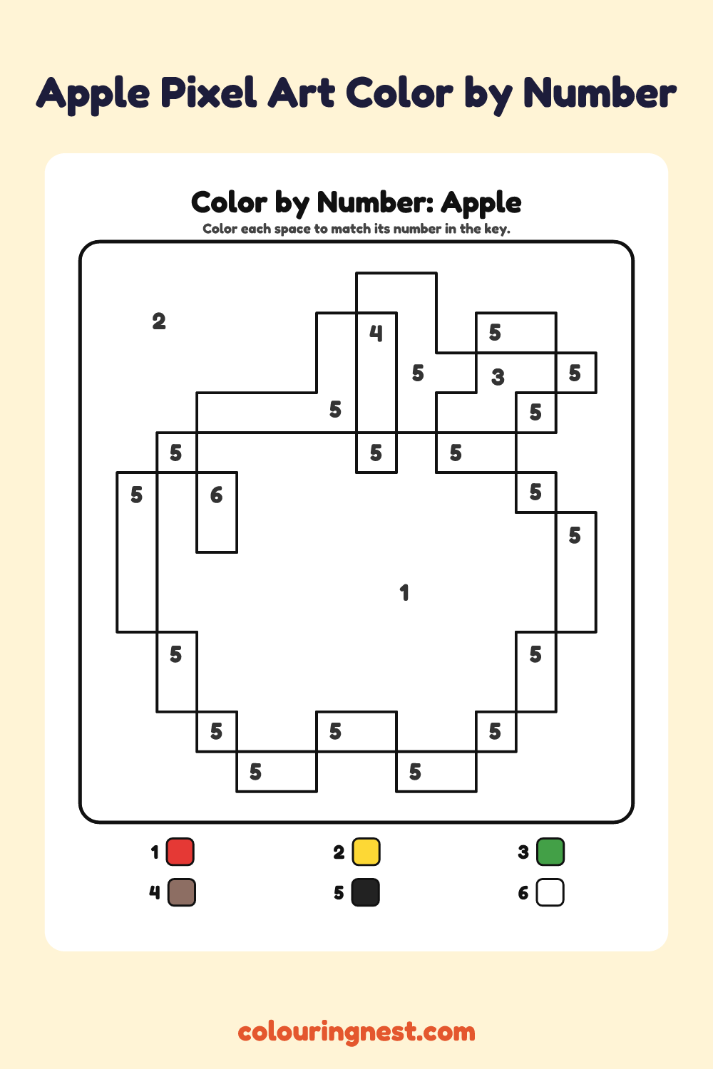 Apple Pixel Art color by number worksheet with numbered spaces and a color key
