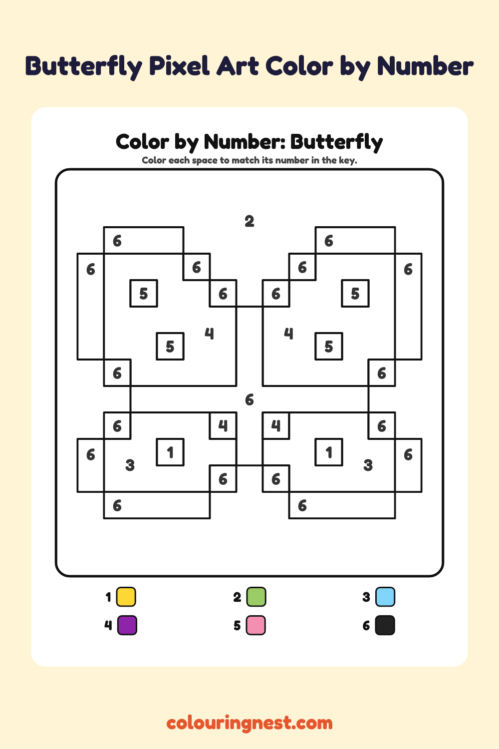 Butterfly Pixel Art color by number worksheet with numbered spaces and a color key