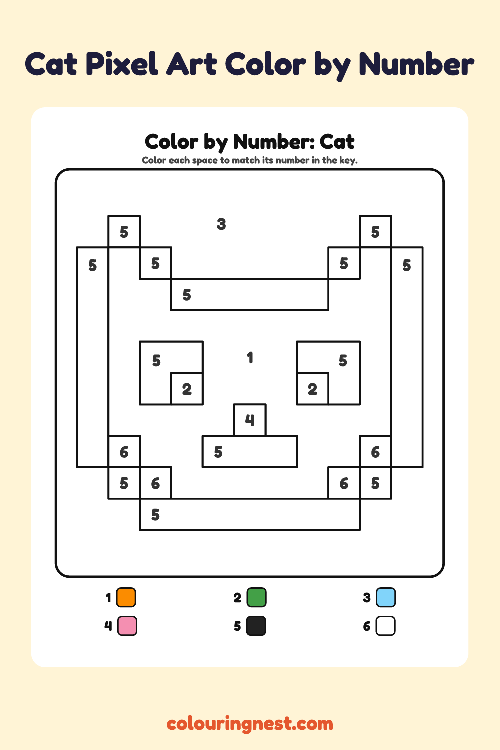 Cat Pixel Art color by number worksheet with numbered spaces and a color key