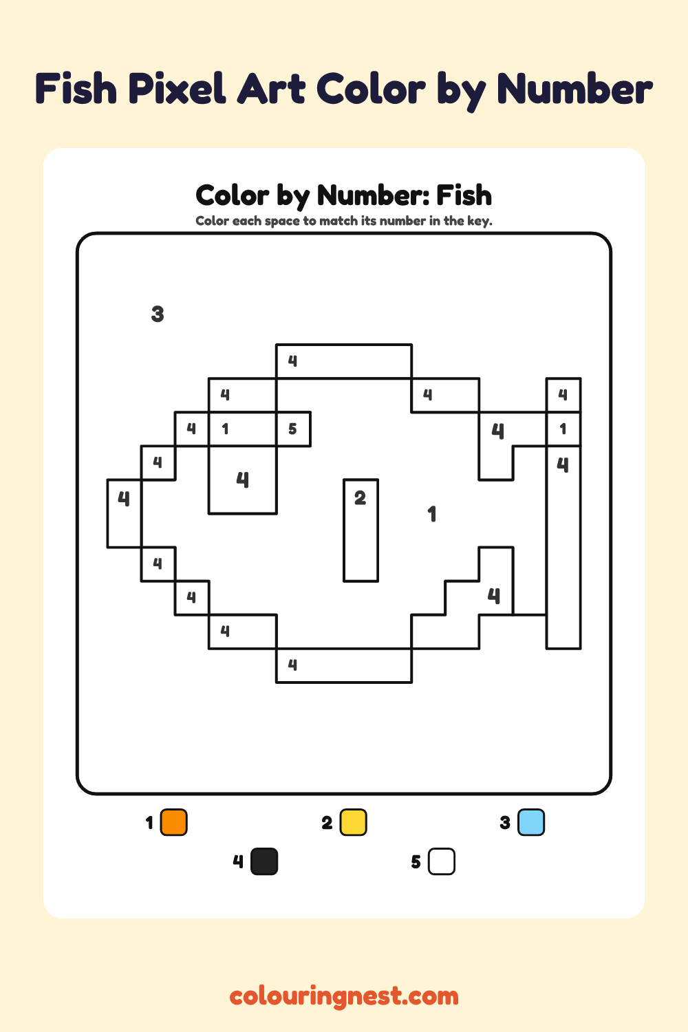 Fish Pixel Art color by number worksheet with numbered spaces and a color key