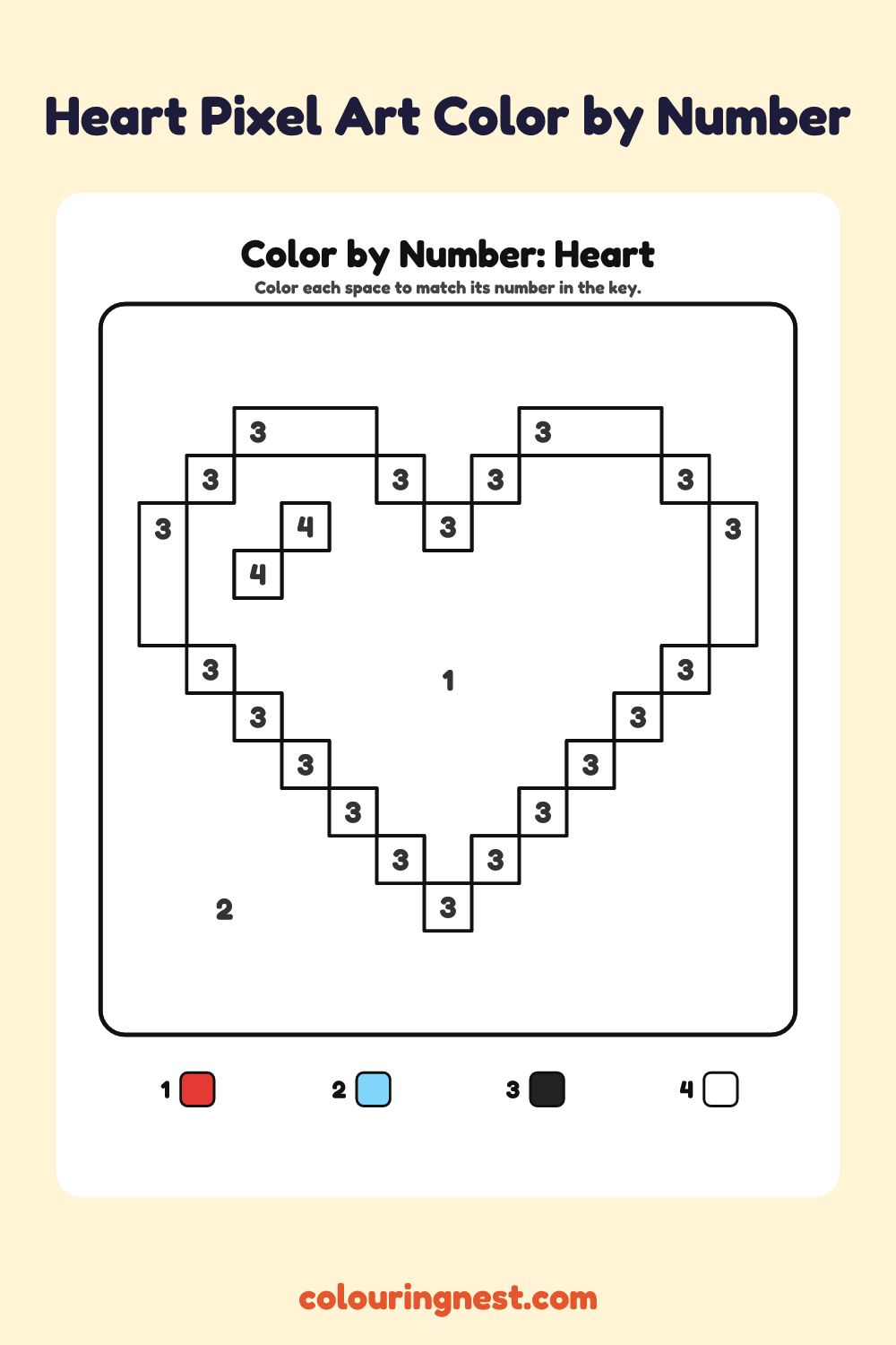 Heart Pixel Art color by number worksheet with numbered spaces and a color key