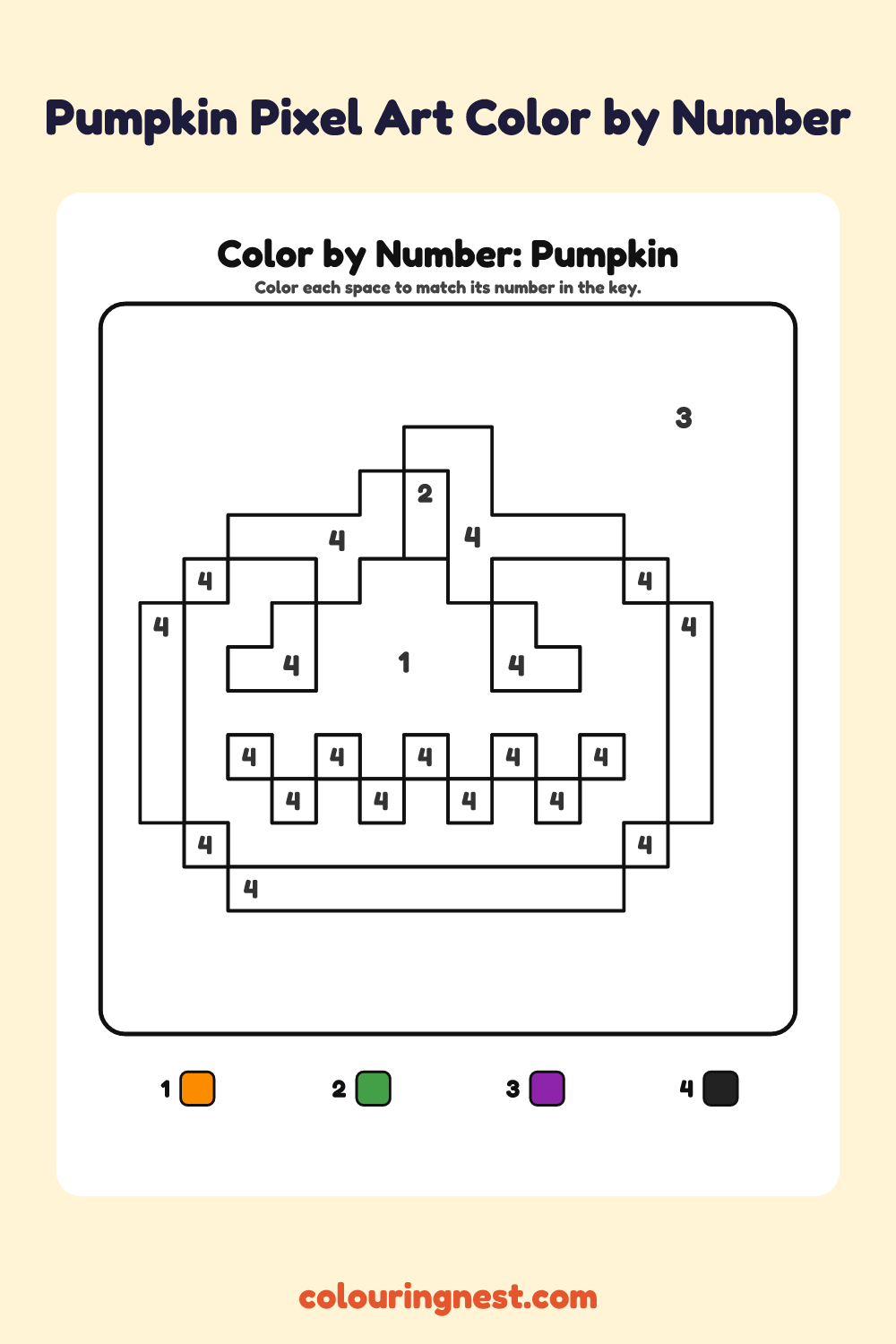 Pumpkin Pixel Art color by number worksheet with numbered spaces and a color key