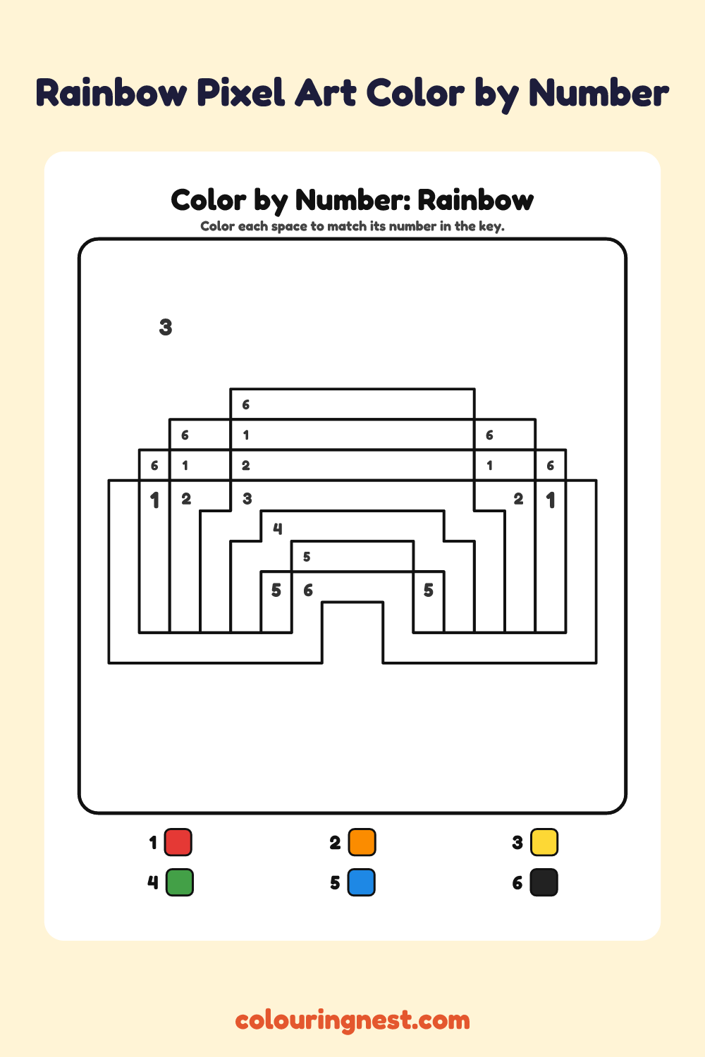 Rainbow Pixel Art color by number worksheet with numbered spaces and a color key