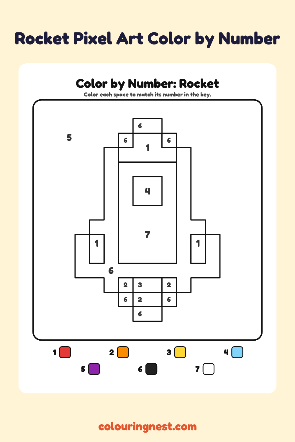 Rocket Pixel Art color by number worksheet with numbered spaces and a color key