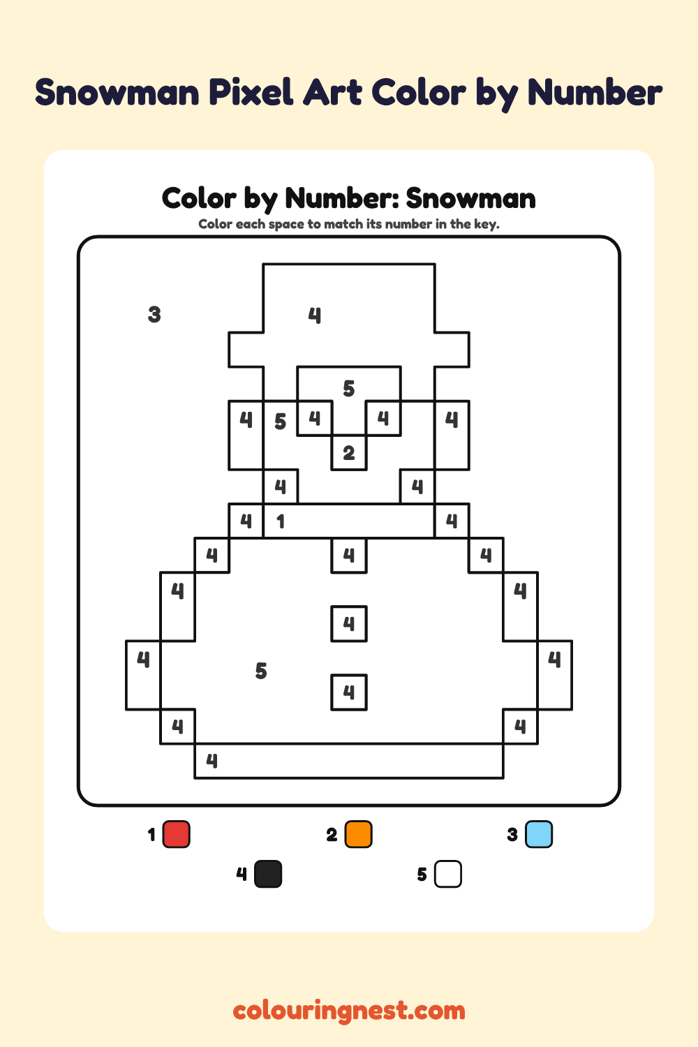 Snowman Pixel Art color by number worksheet with numbered spaces and a color key