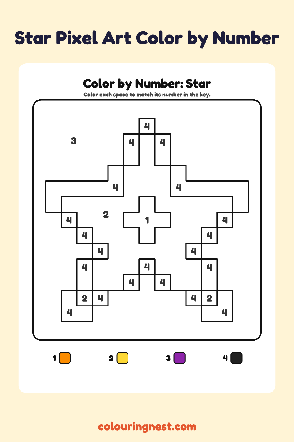 Star Pixel Art color by number worksheet with numbered spaces and a color key