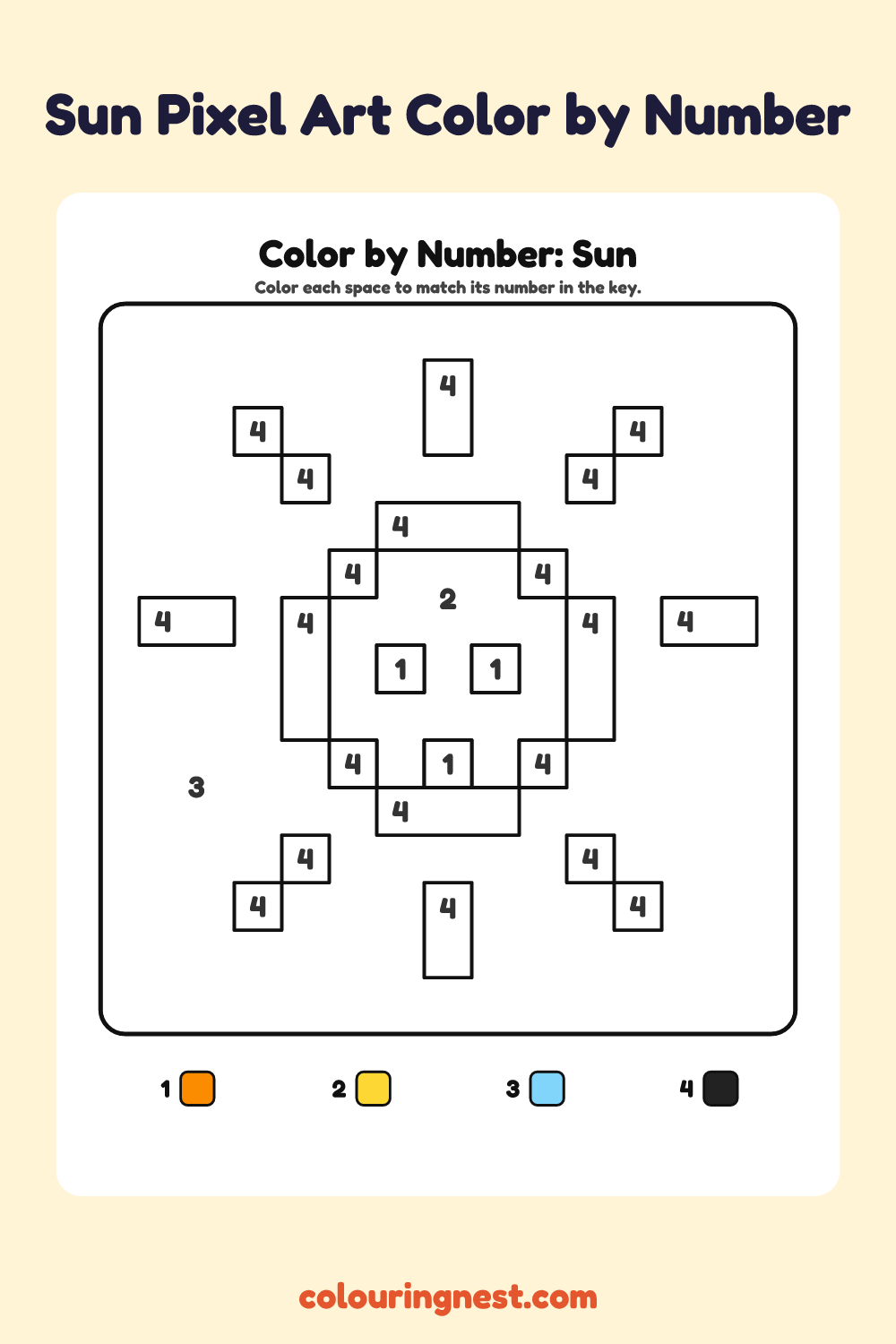 Sun Pixel Art color by number worksheet with numbered spaces and a color key