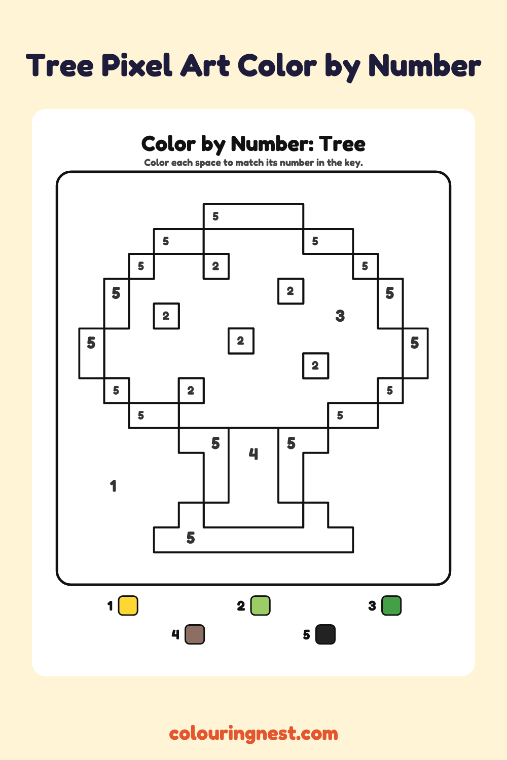 Tree Pixel Art color by number worksheet with numbered spaces and a color key