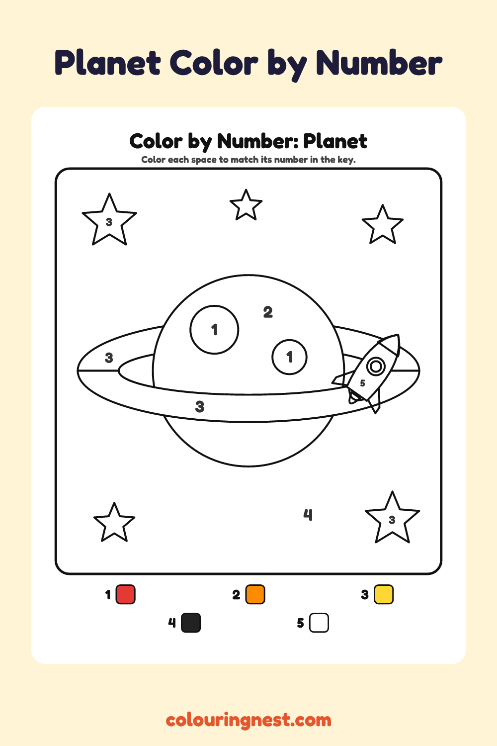 Planet color by number worksheet with numbered spaces and a color key