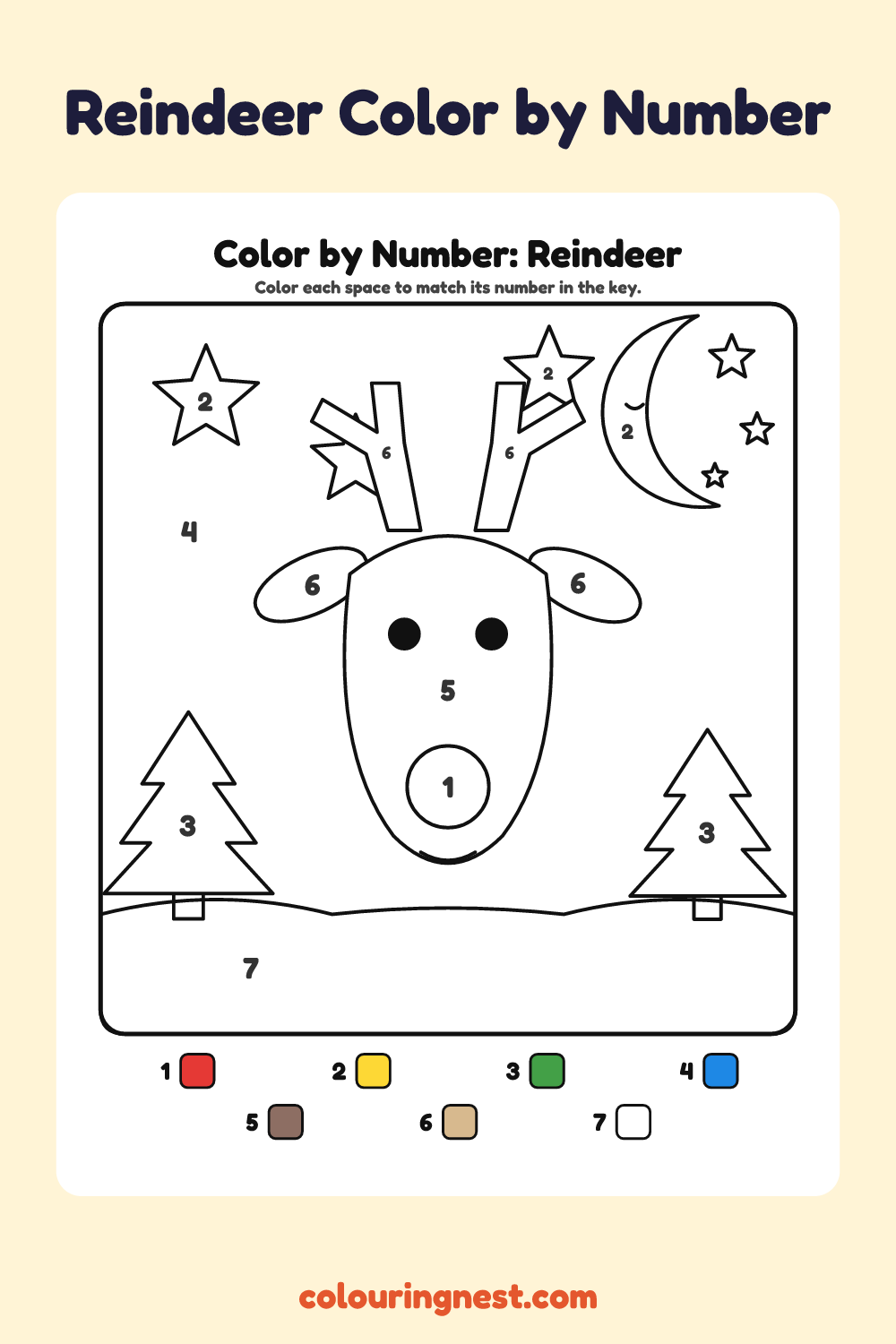 Reindeer color by number worksheet with numbered spaces and a color key