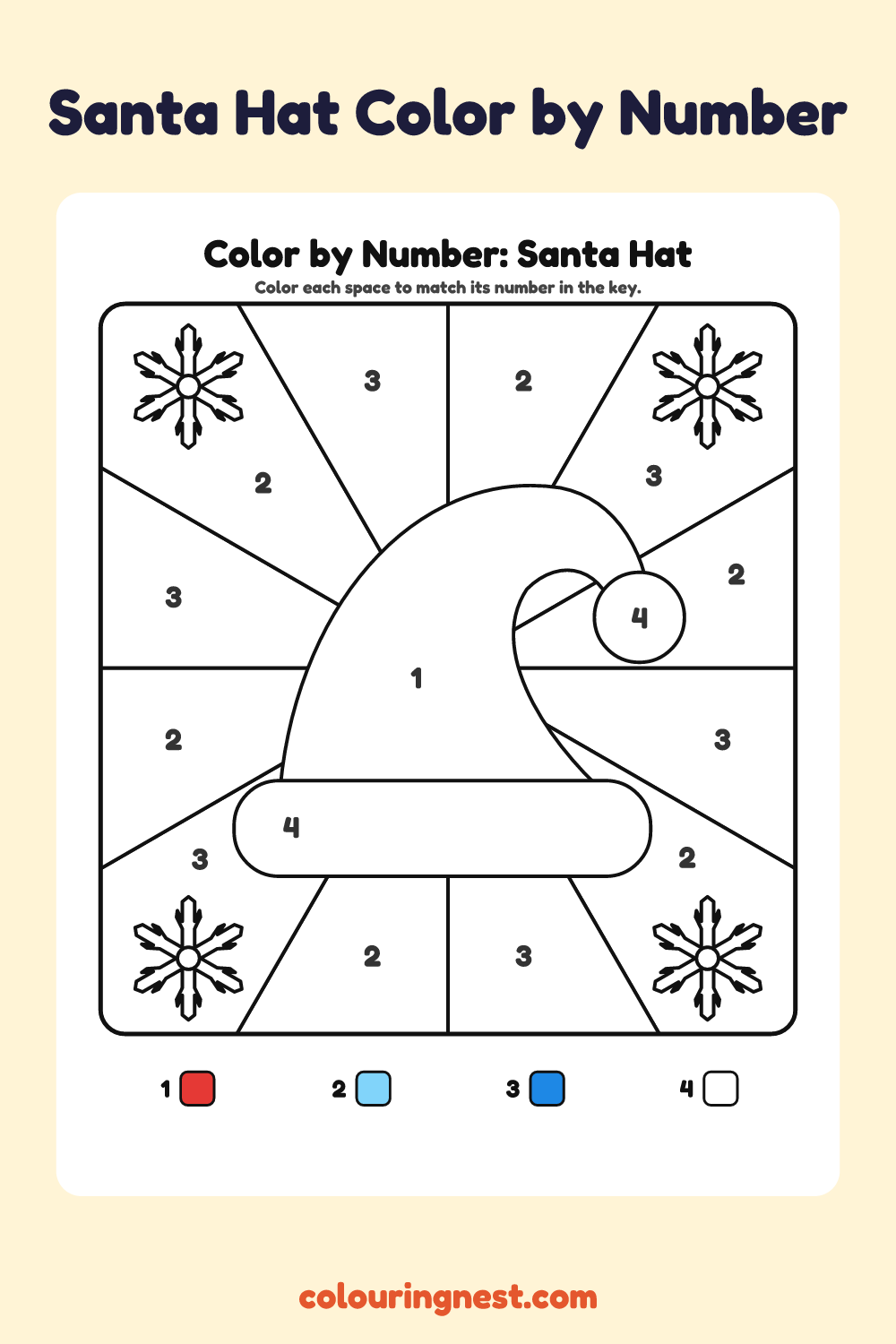 Santa Hat color by number worksheet with numbered spaces and a color key