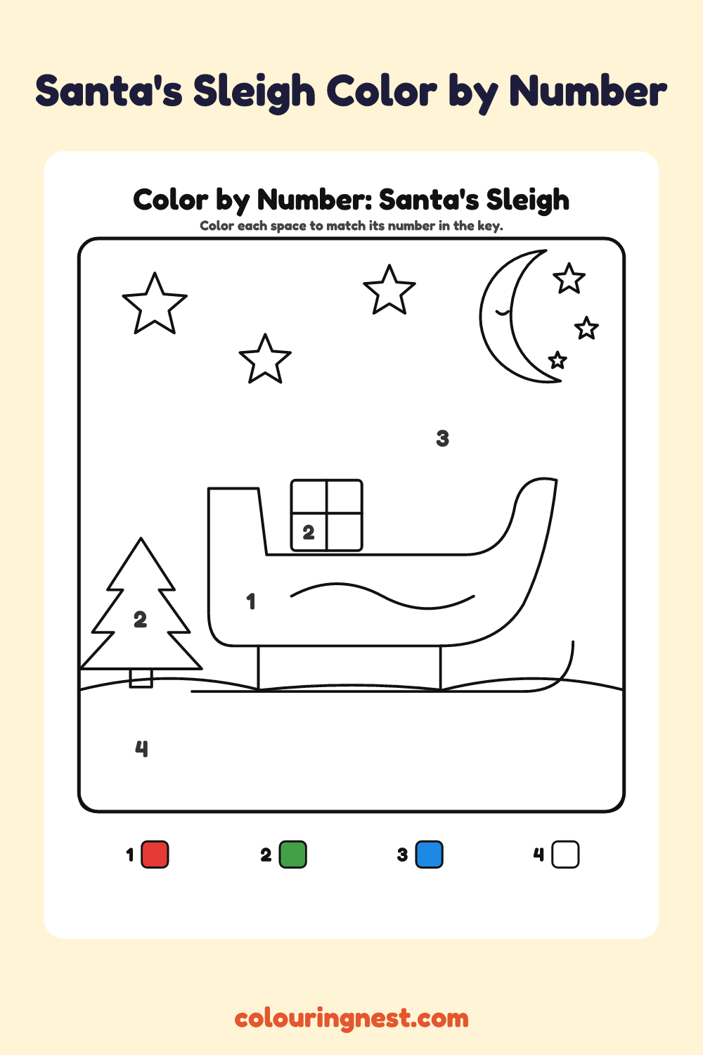 Santa's Sleigh color by number worksheet with numbered spaces and a color key