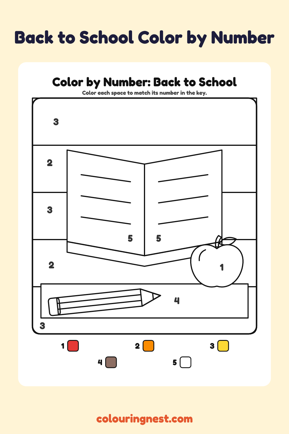 Back to School color by number worksheet with numbered spaces and a color key