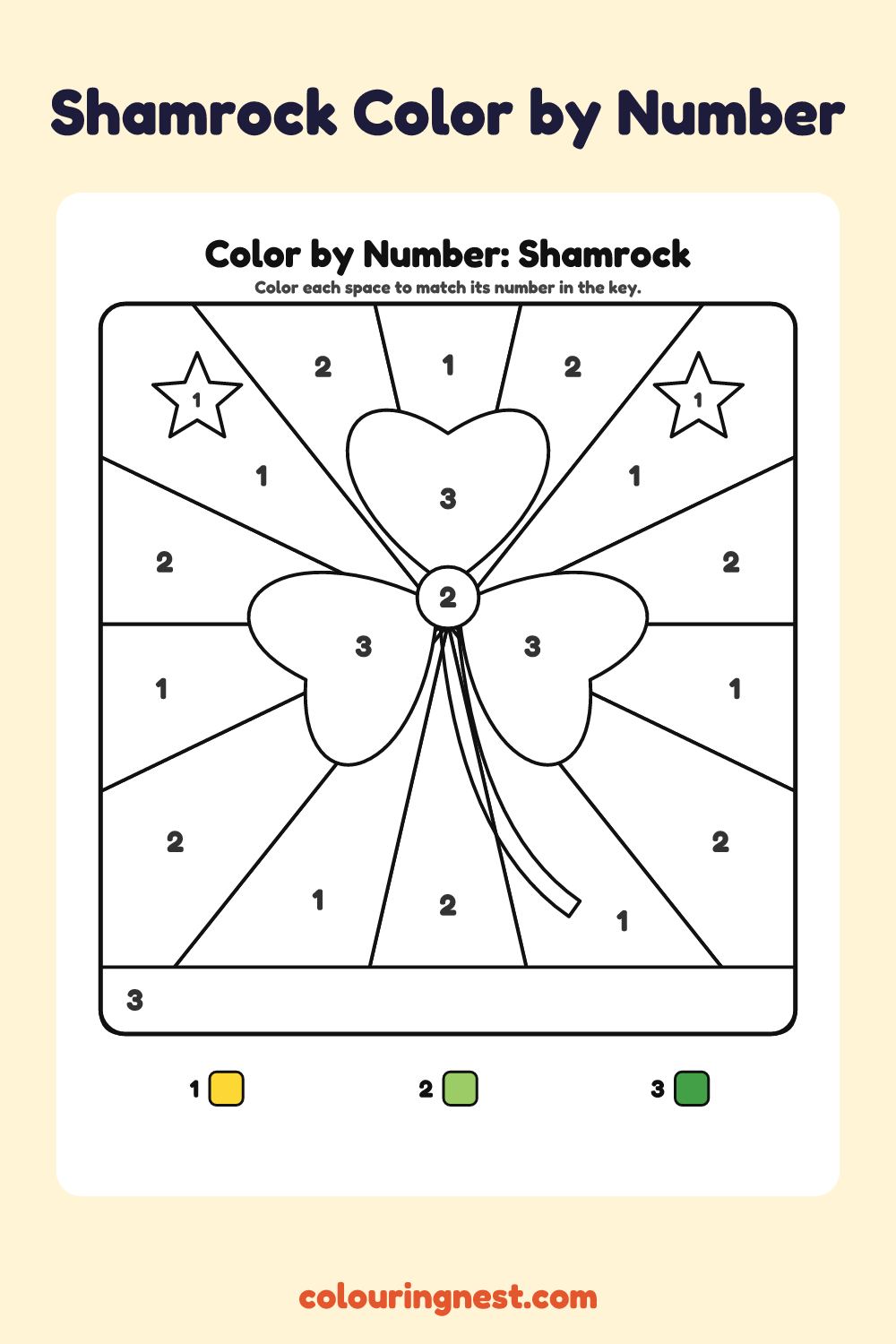 Shamrock color by number worksheet with numbered spaces and a color key