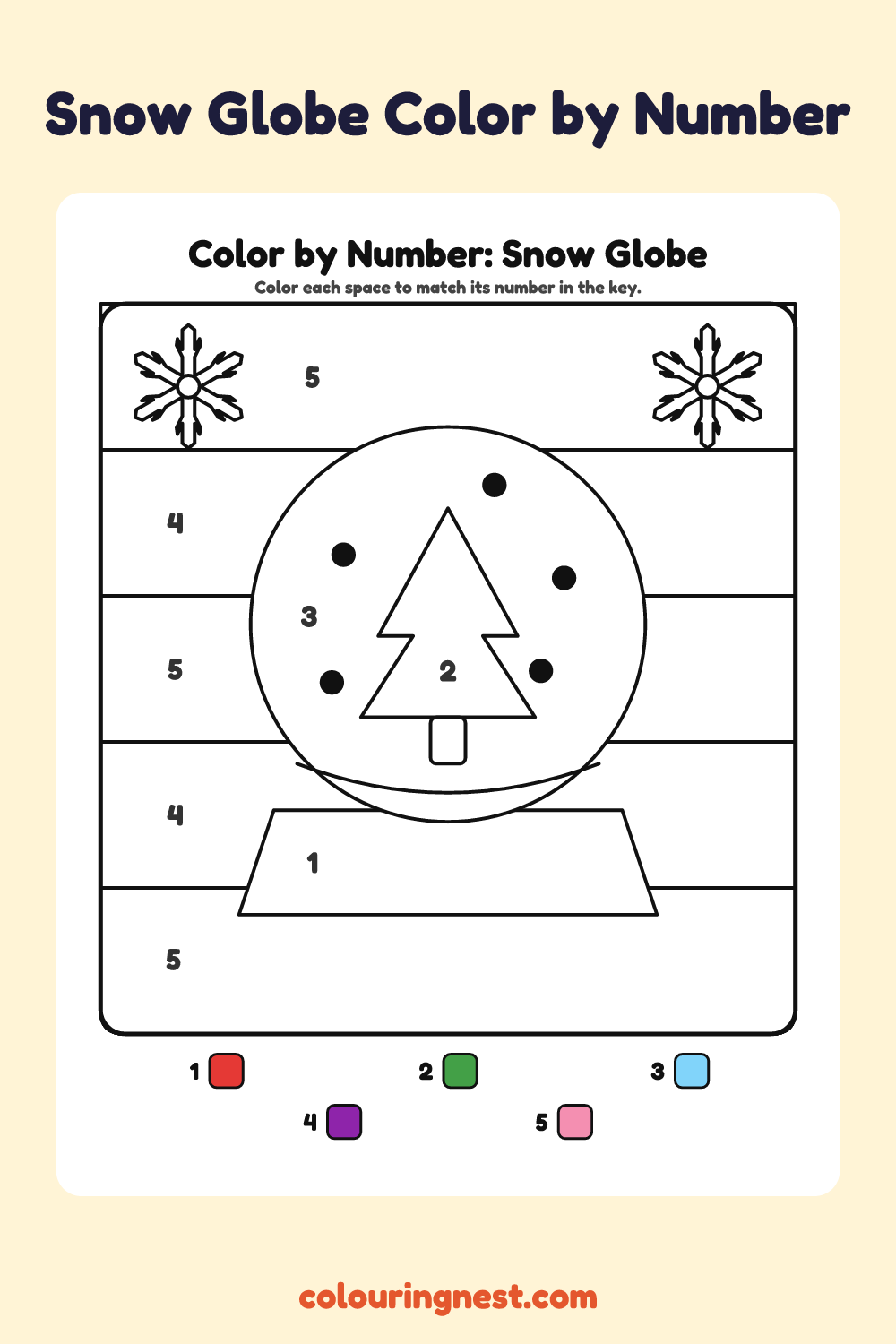 Snow Globe color by number worksheet with numbered spaces and a color key
