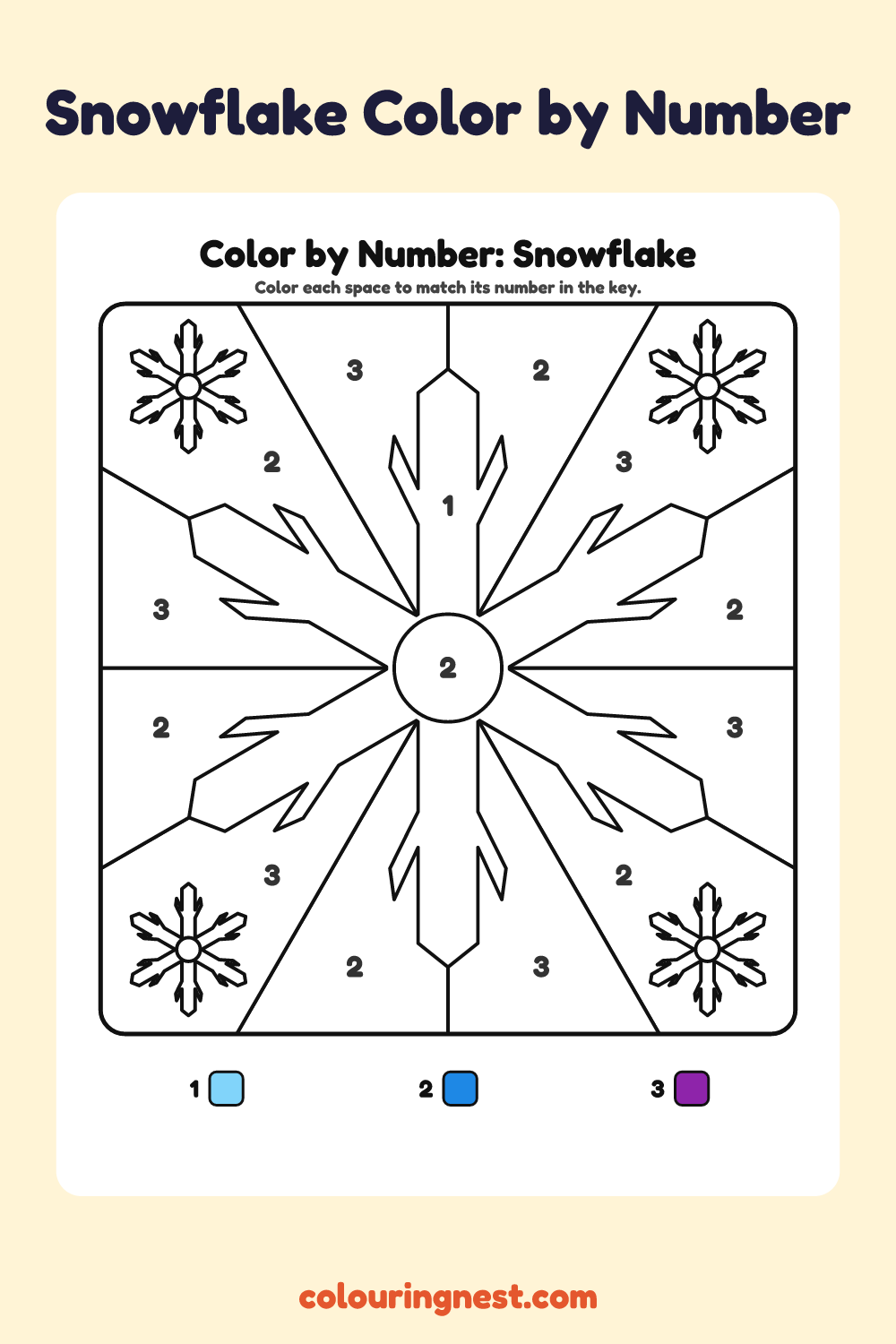 Snowflake color by number worksheet with numbered spaces and a color key