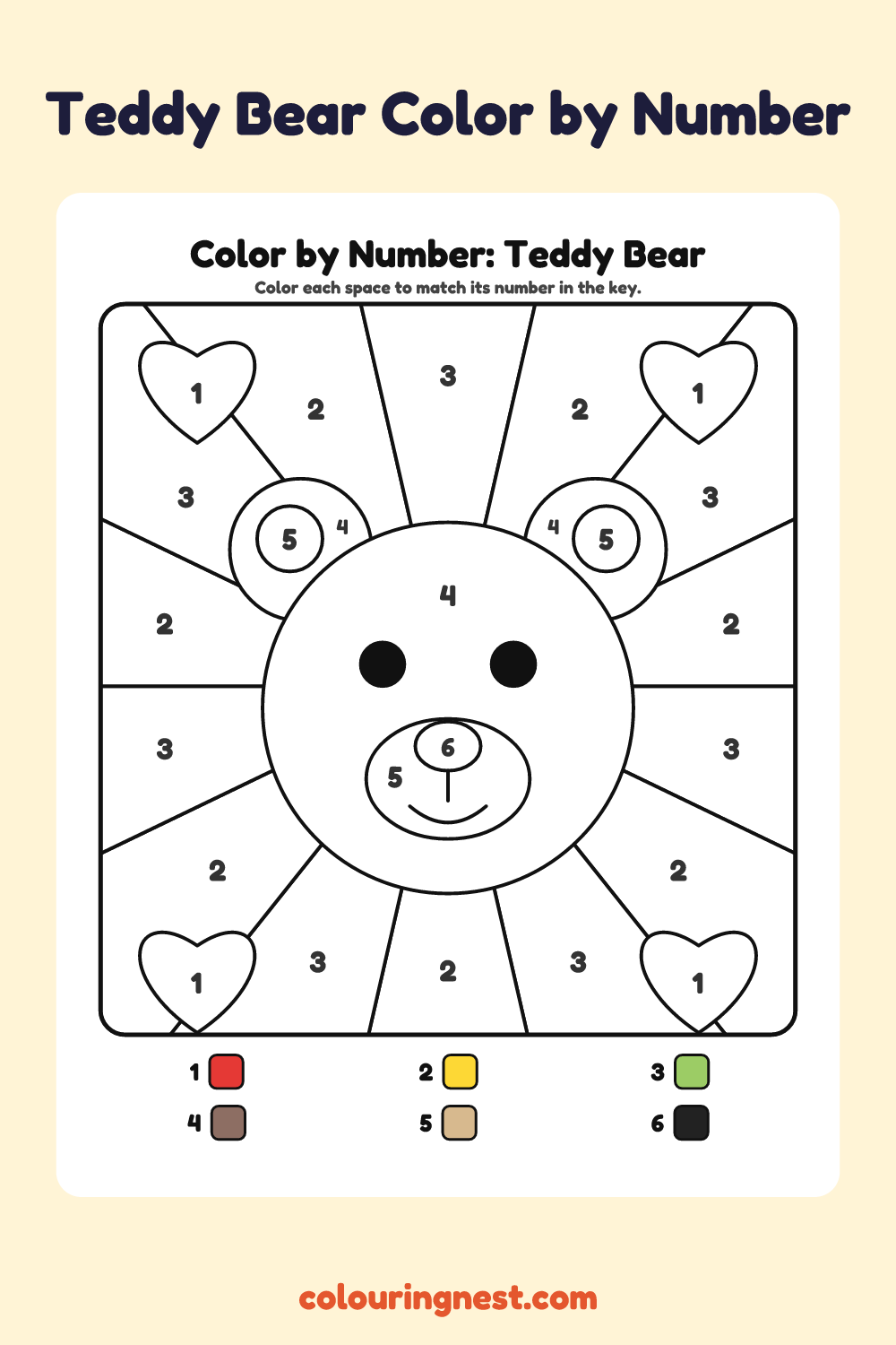 Teddy Bear color by number worksheet with numbered spaces and a color key