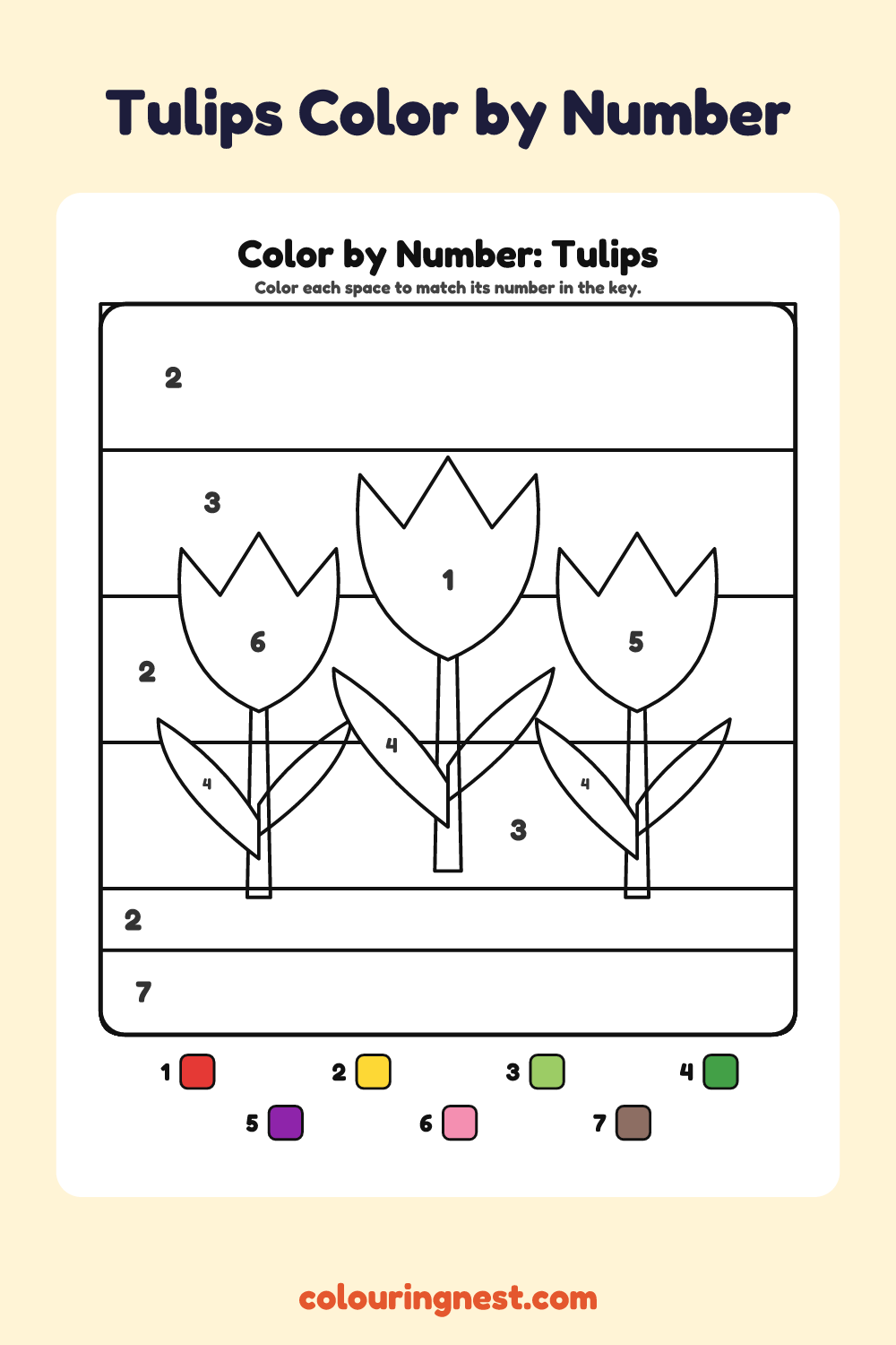 Tulips color by number worksheet with numbered spaces and a color key