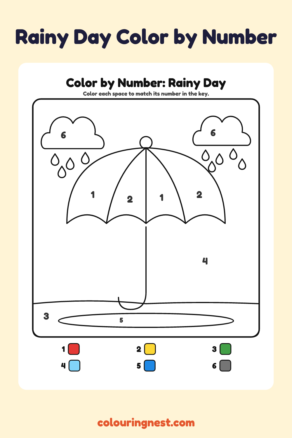 Rainy Day color by number worksheet with numbered spaces and a color key