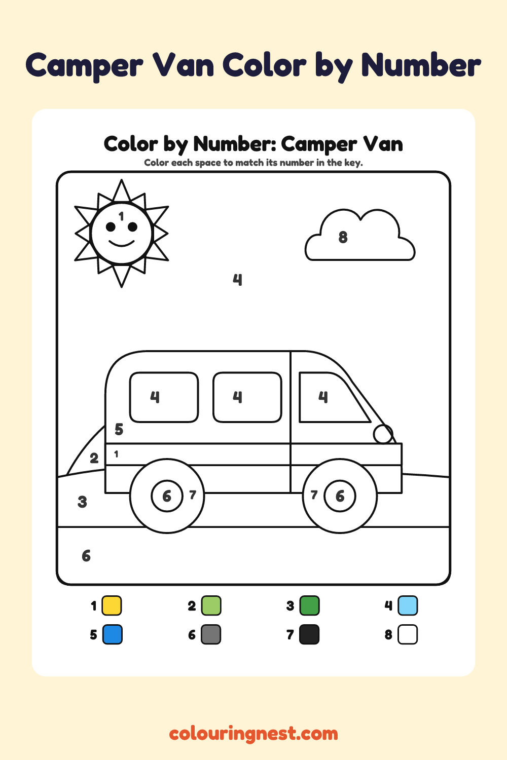 Camper Van color by number worksheet with numbered spaces and a color key