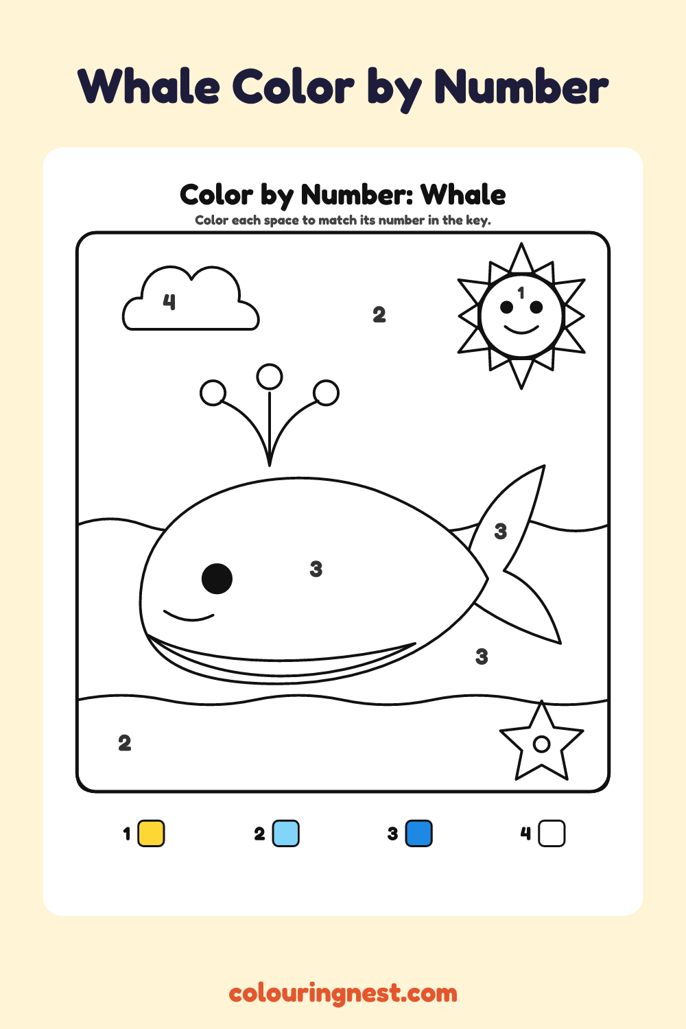 Whale color by number worksheet with numbered spaces and a color key