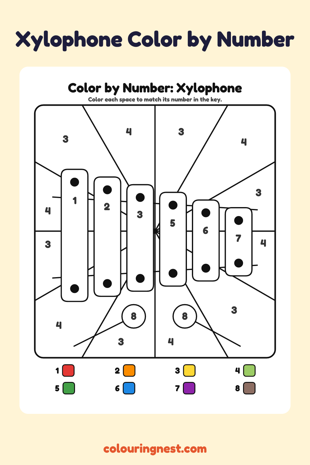 Xylophone color by number worksheet with numbered spaces and a color key