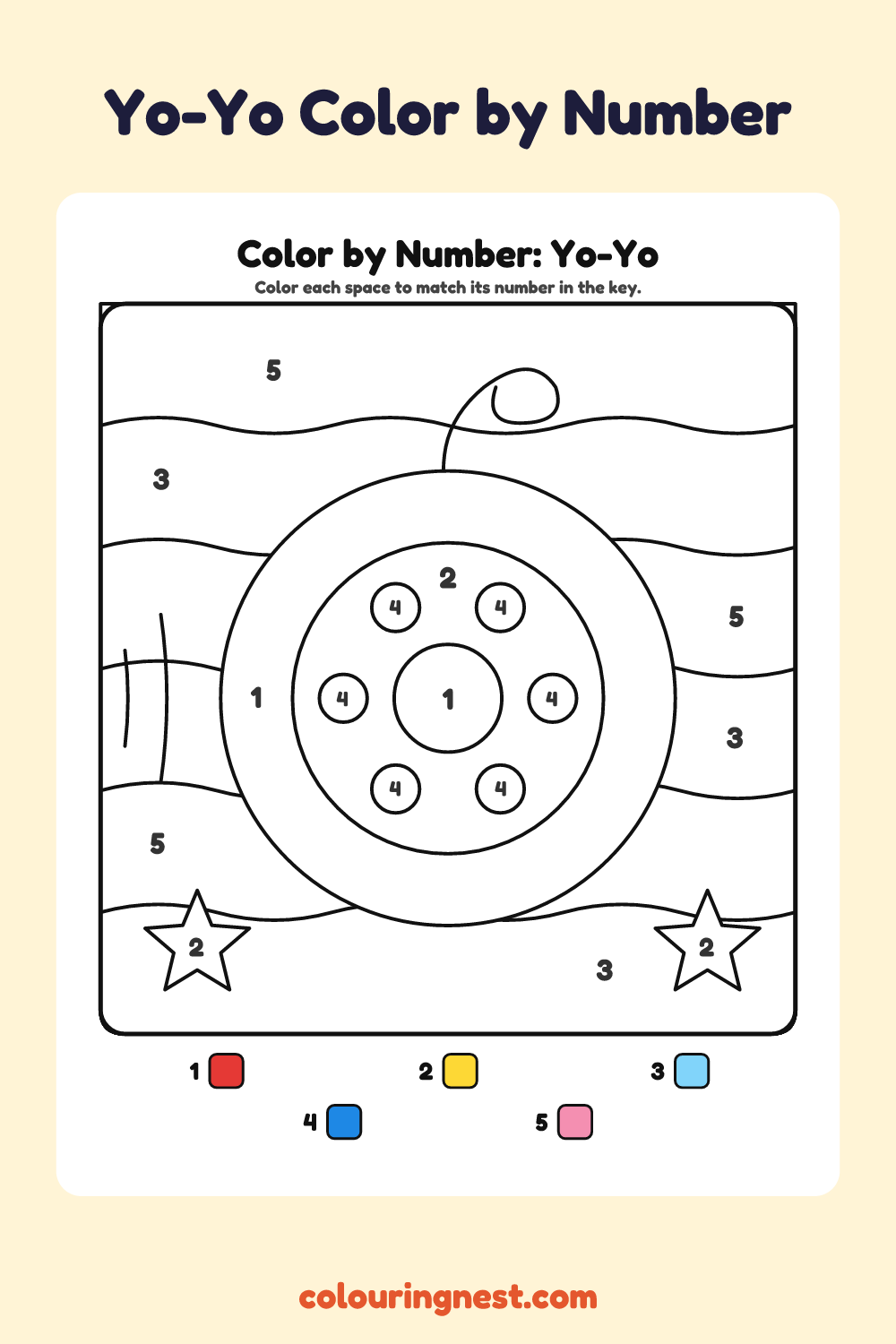 Yo-Yo color by number worksheet with numbered spaces and a color key