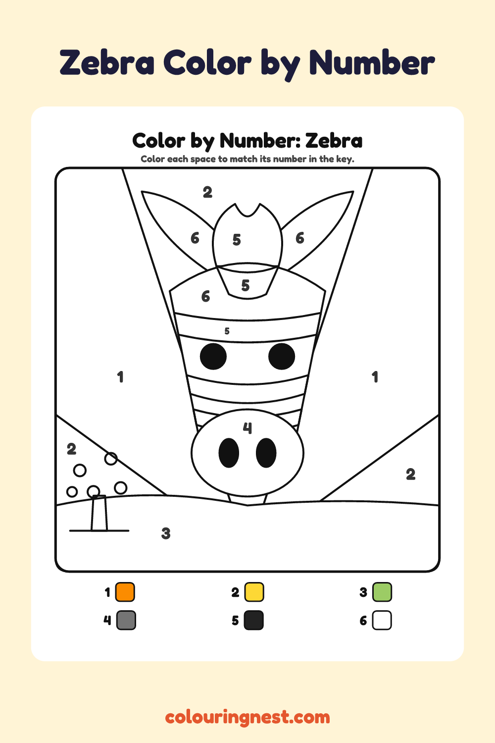 Zebra color by number worksheet with numbered spaces and a color key