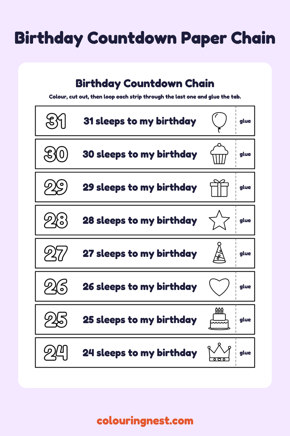Birthday Countdown Paper Chain: printable numbered paper chain strips to colour and cut out