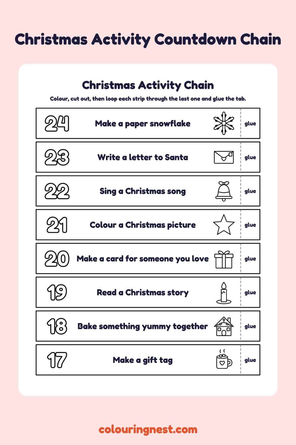 Christmas Activity Countdown Chain: printable numbered paper chain strips to colour and cut out