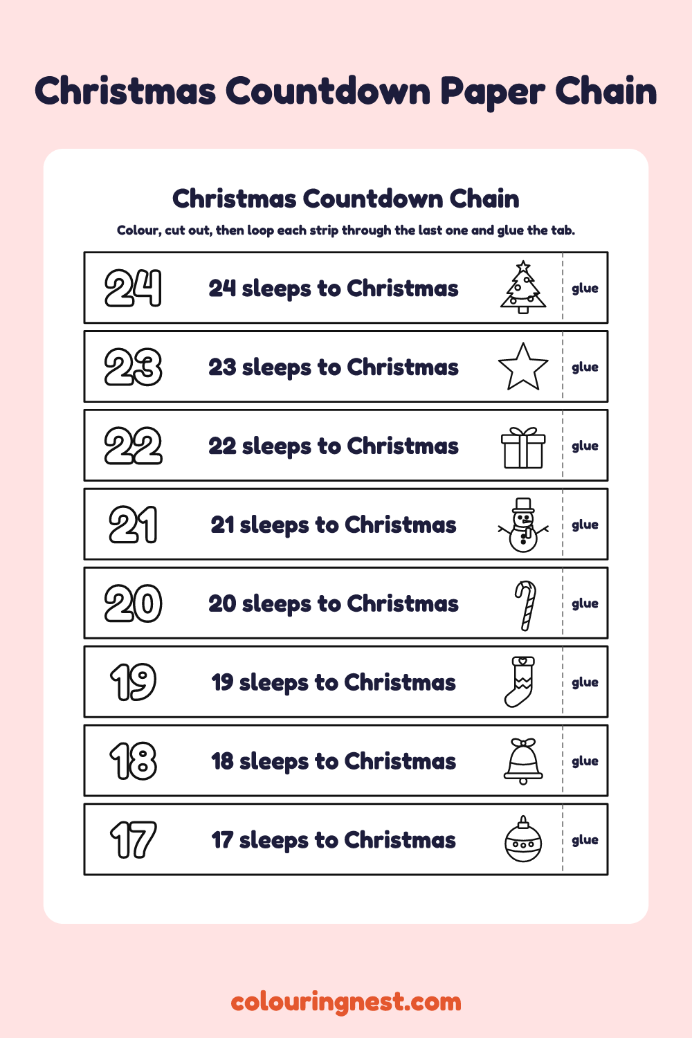 Christmas Countdown Paper Chain: printable numbered paper chain strips to colour and cut out