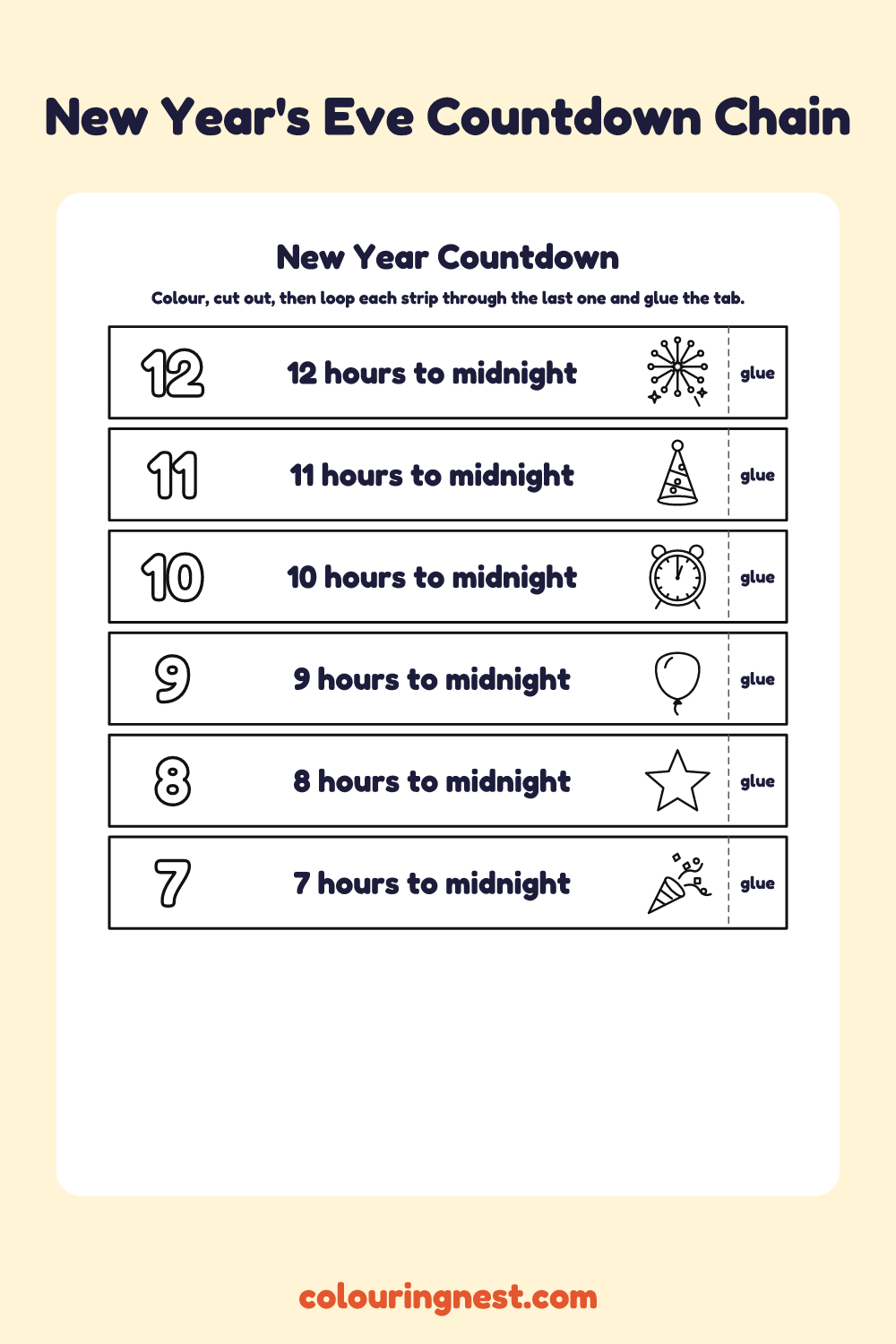 New Year's Eve Countdown Chain: printable numbered paper chain strips to colour and cut out